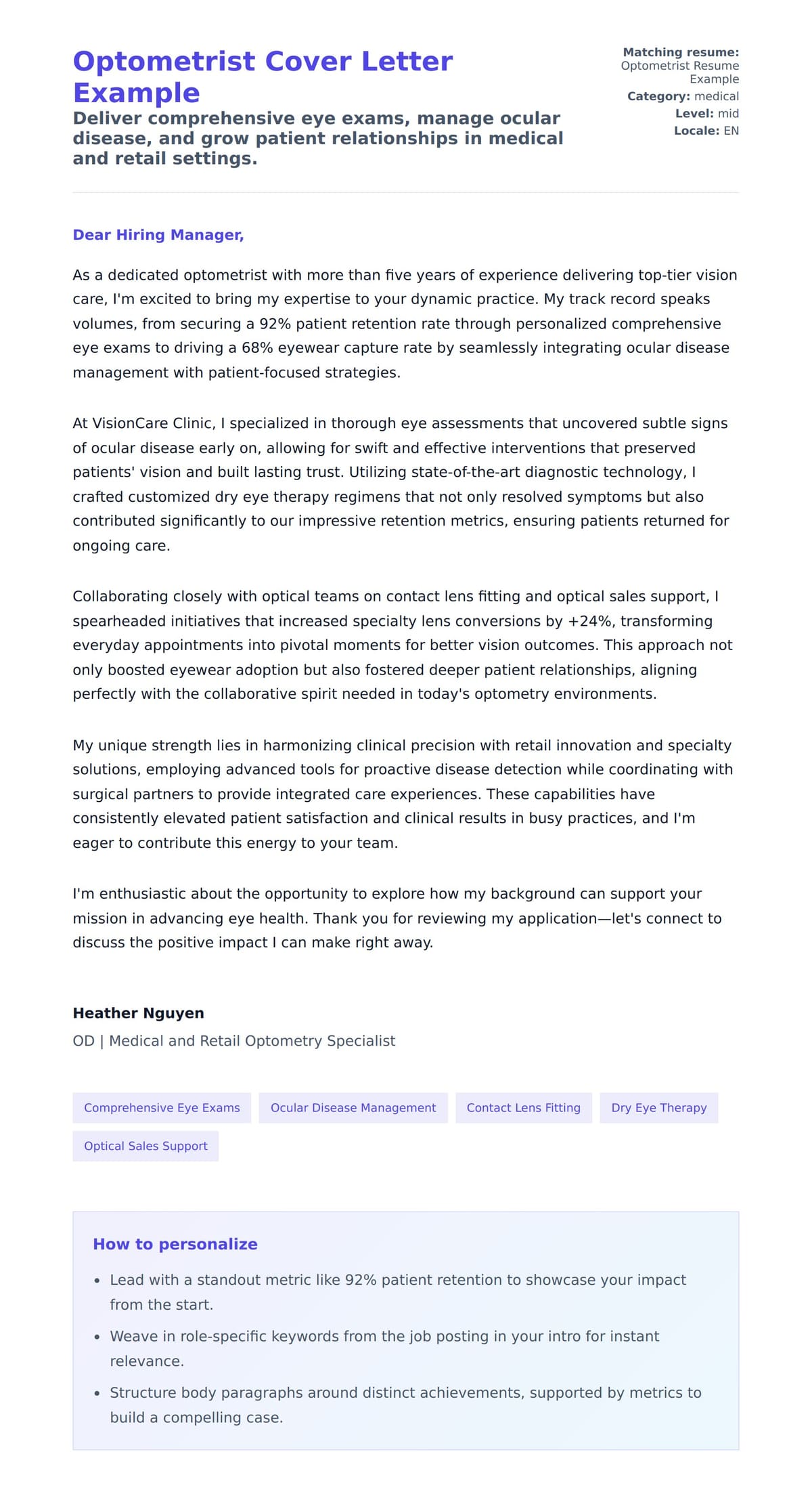 Cover Letter preview for Optometrist Cover Letter Example