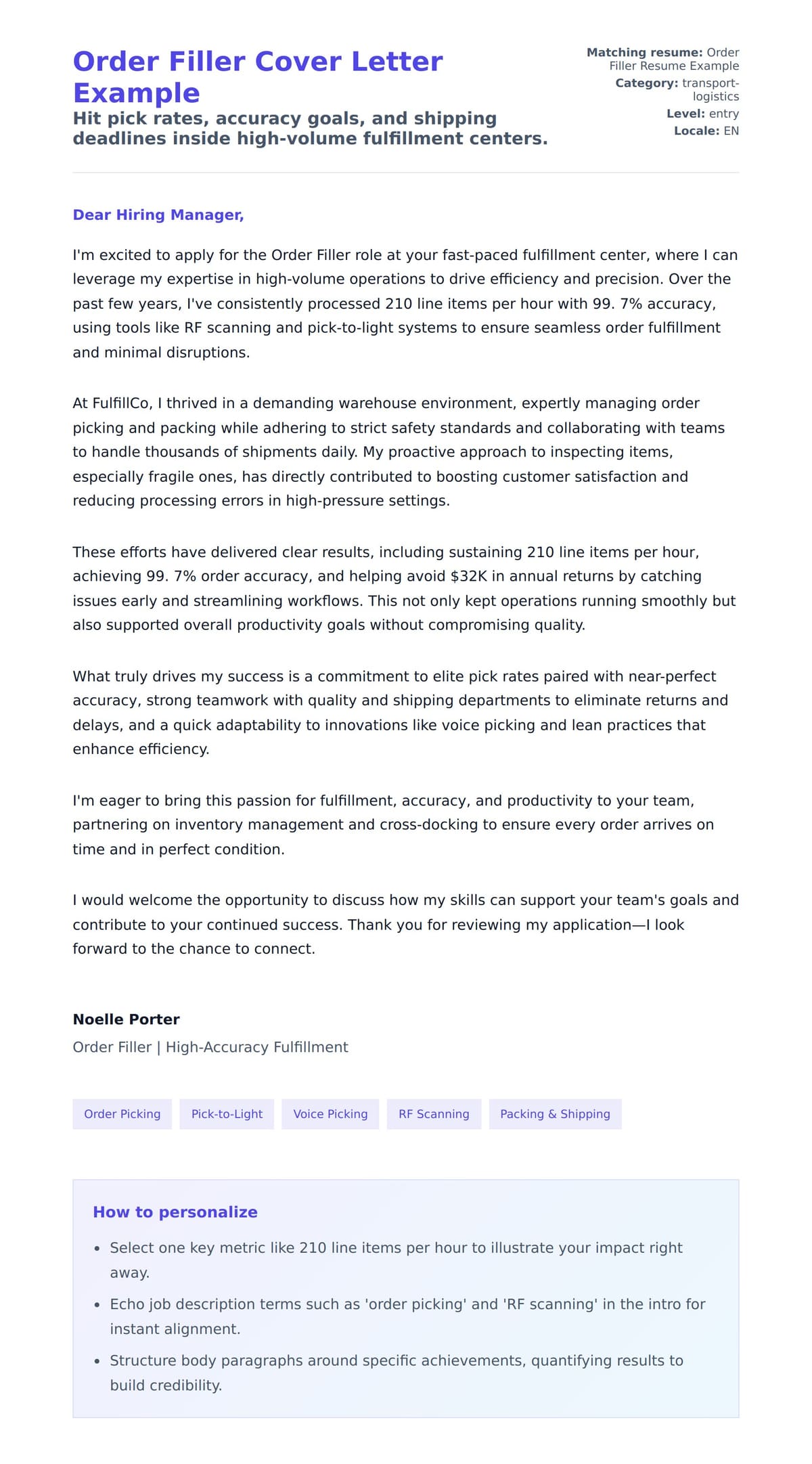 Cover Letter preview for Order Filler Cover Letter Example