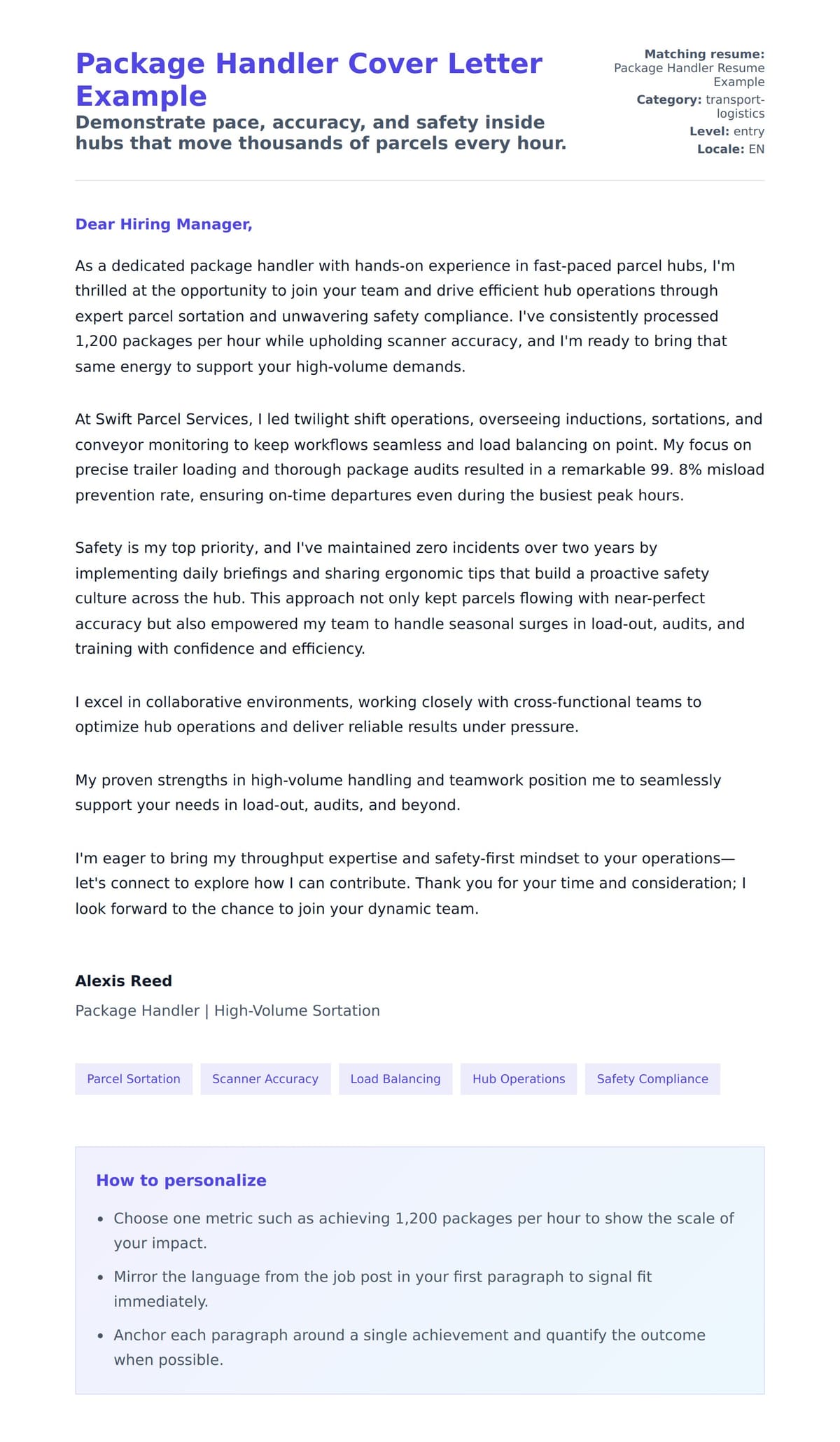 Cover Letter preview for Package Handler Cover Letter Example