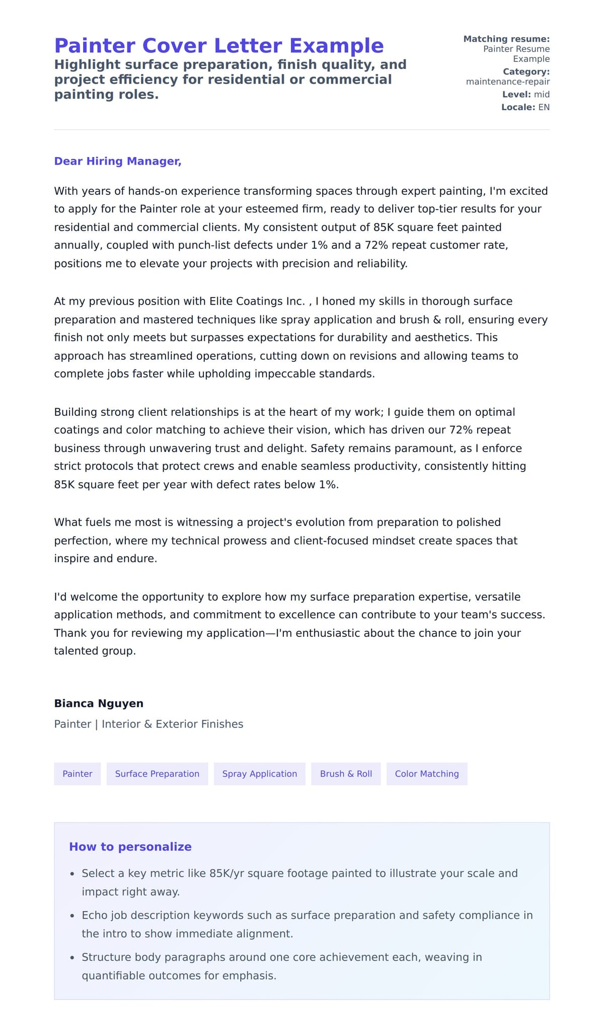 Cover Letter preview for Painter Cover Letter Example