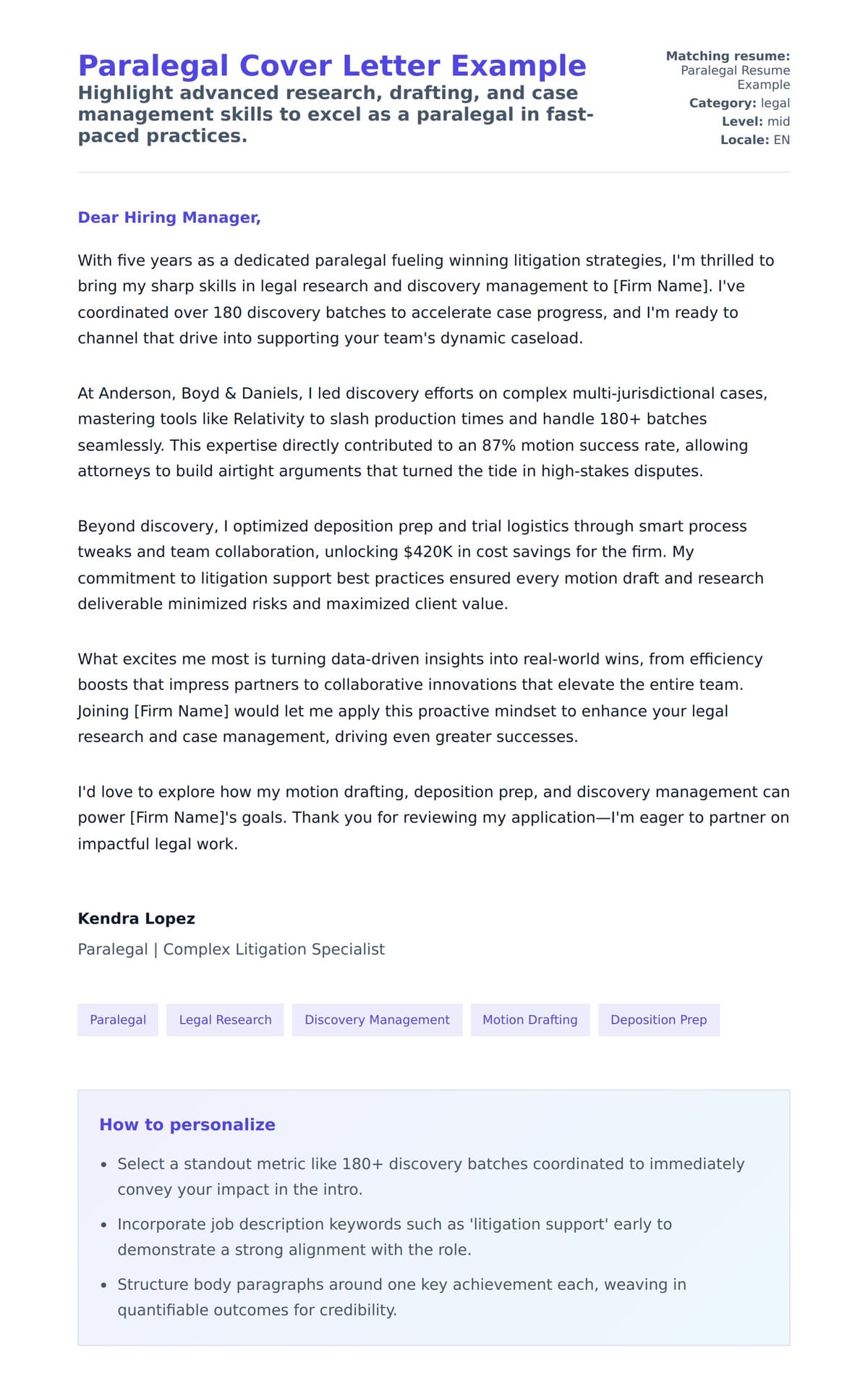 Cover Letter preview for Paralegal Cover Letter Example