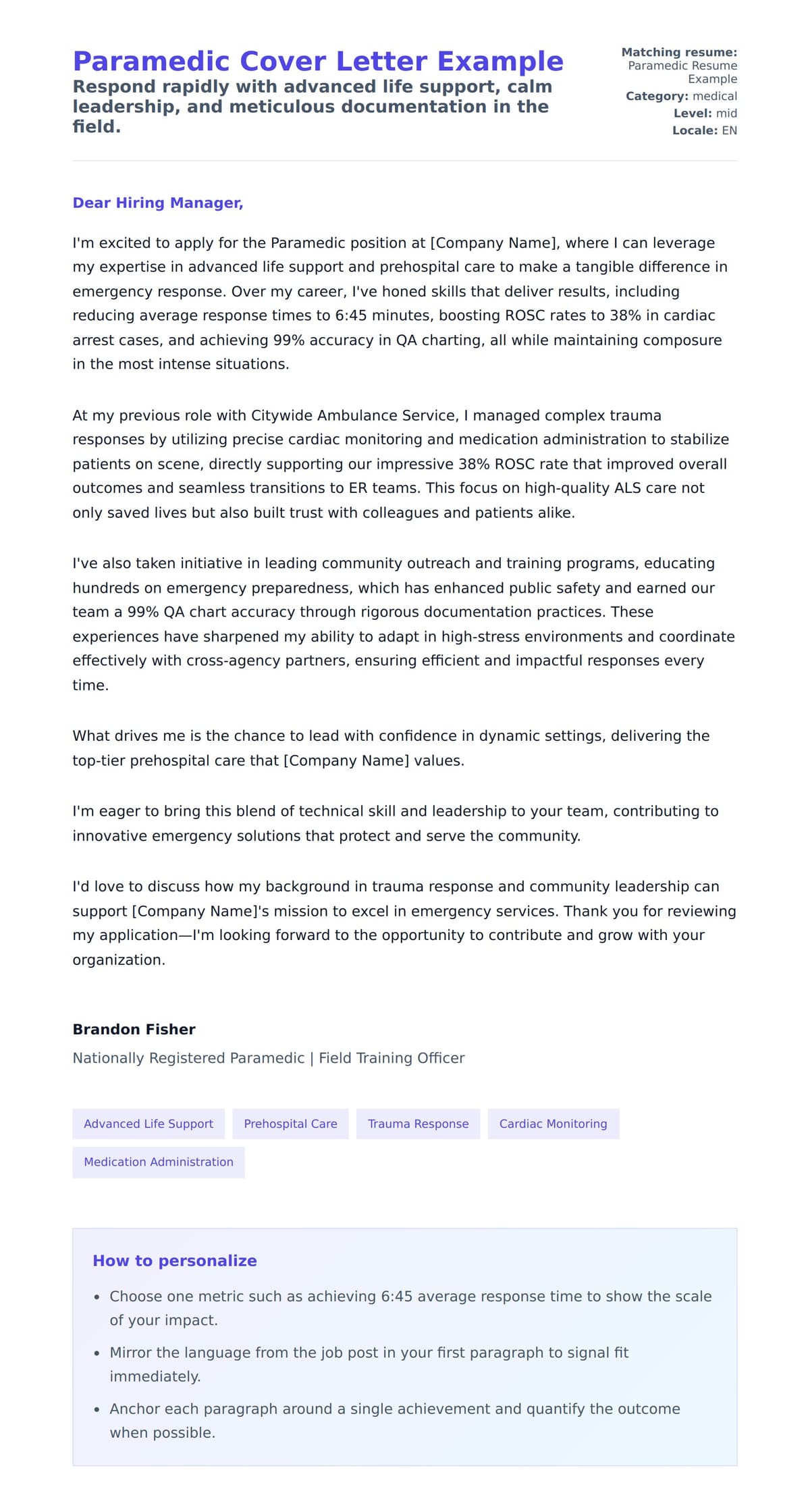 Cover Letter preview for Paramedic Cover Letter Example