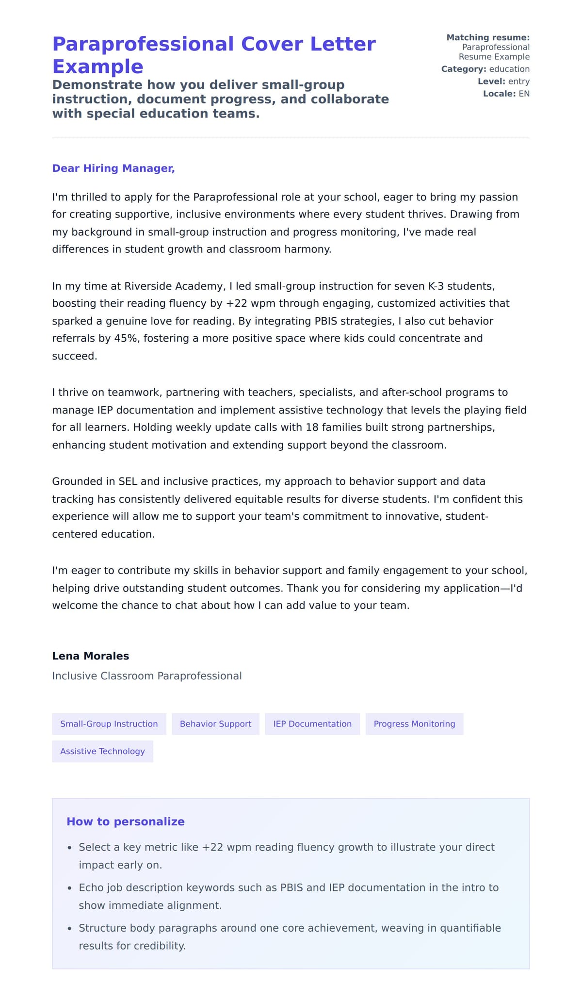 Cover Letter preview for Paraprofessional Cover Letter Example