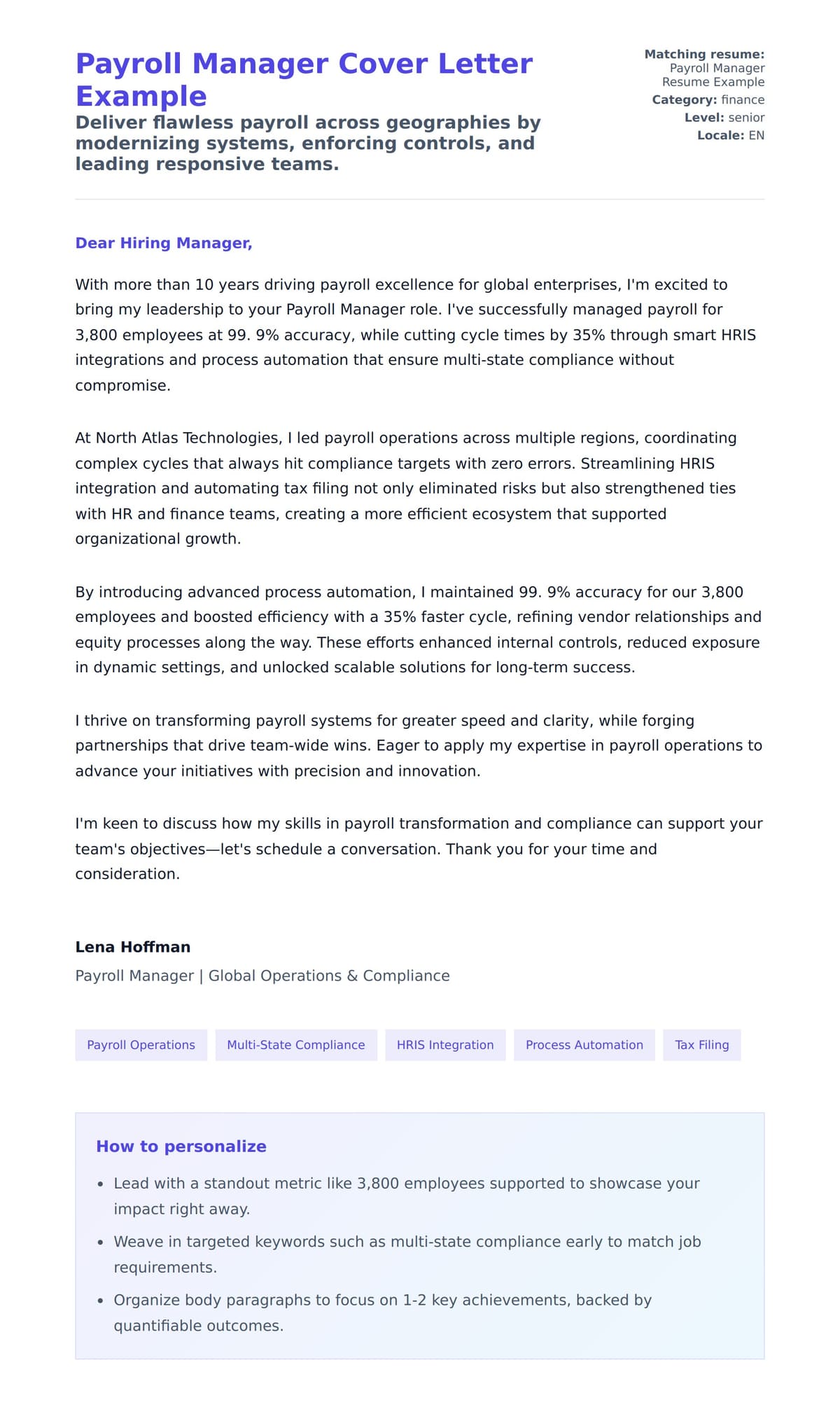 Cover Letter preview for Payroll Manager Cover Letter Example