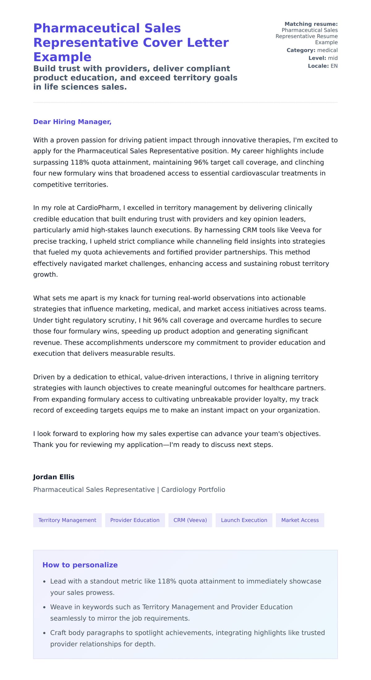 Cover Letter preview for Pharmaceutical Sales Representative Cover Letter Example