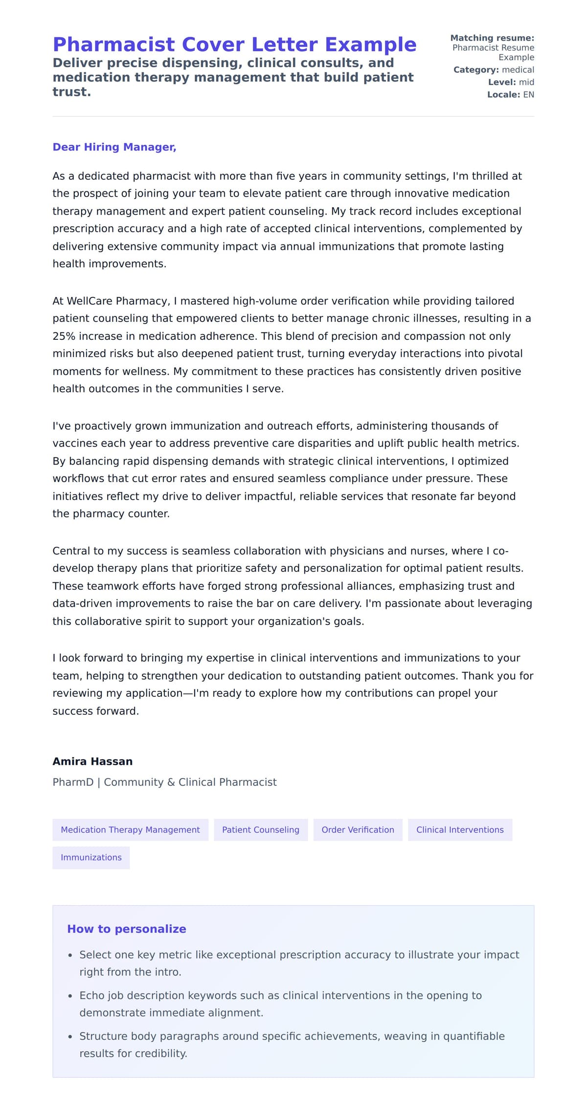 Cover Letter preview for Pharmacist Cover Letter Example