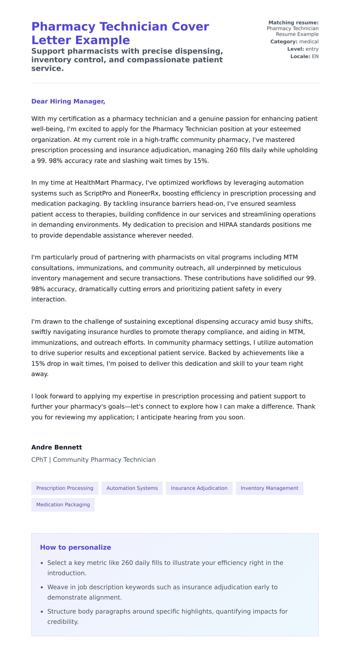 Cover Letter preview for Pharmacy Technician Cover Letter Example