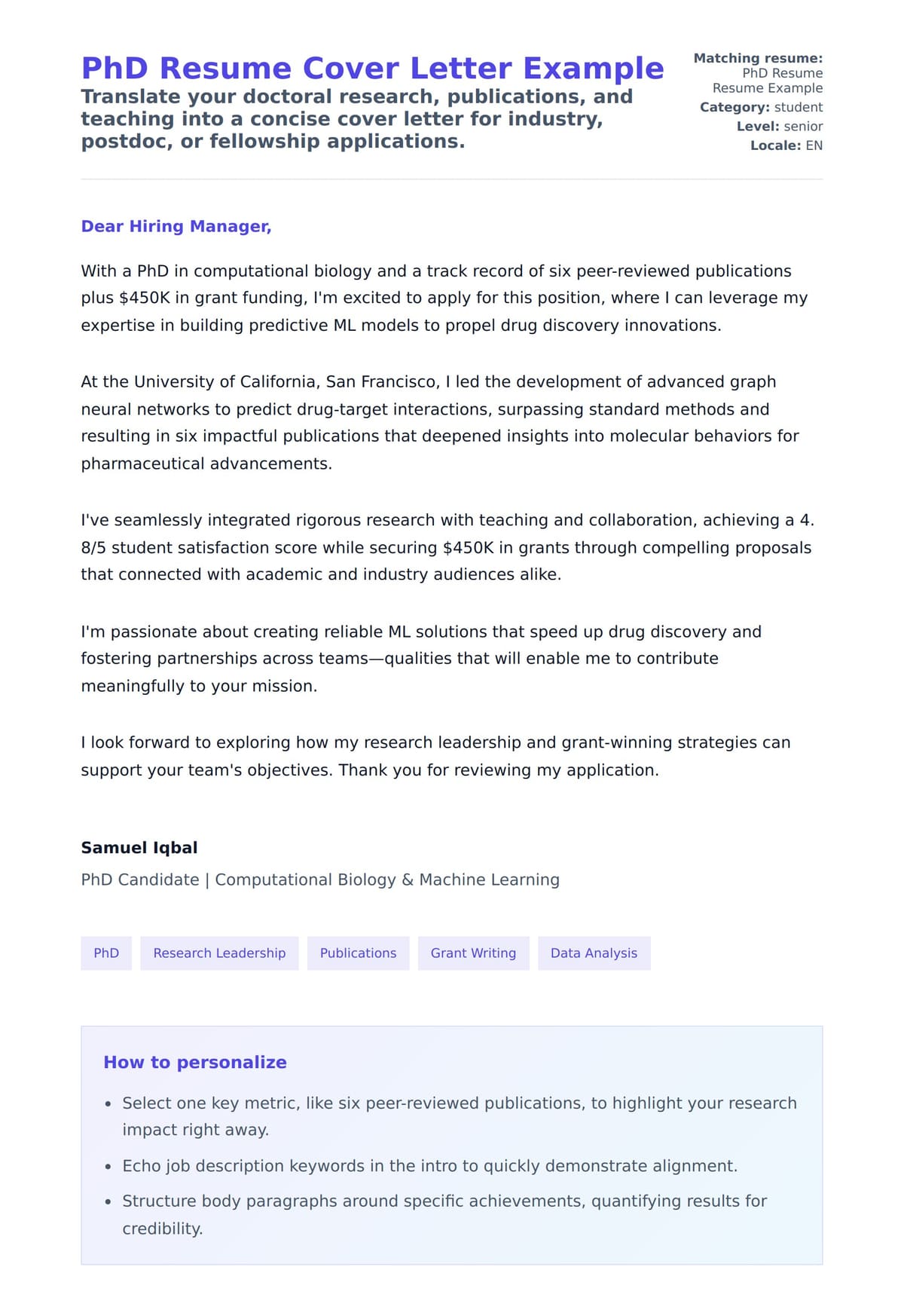 Cover Letter preview for PhD Resume Cover Letter Example