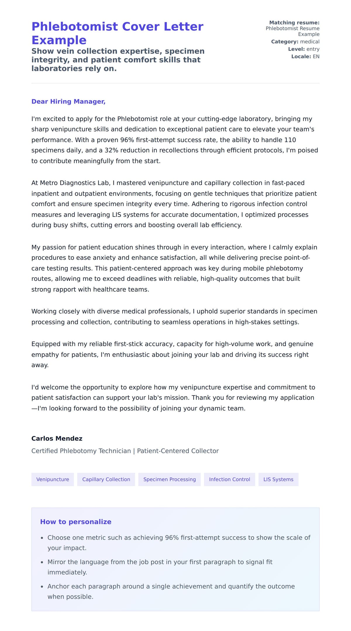 Cover Letter preview for Phlebotomist Cover Letter Example