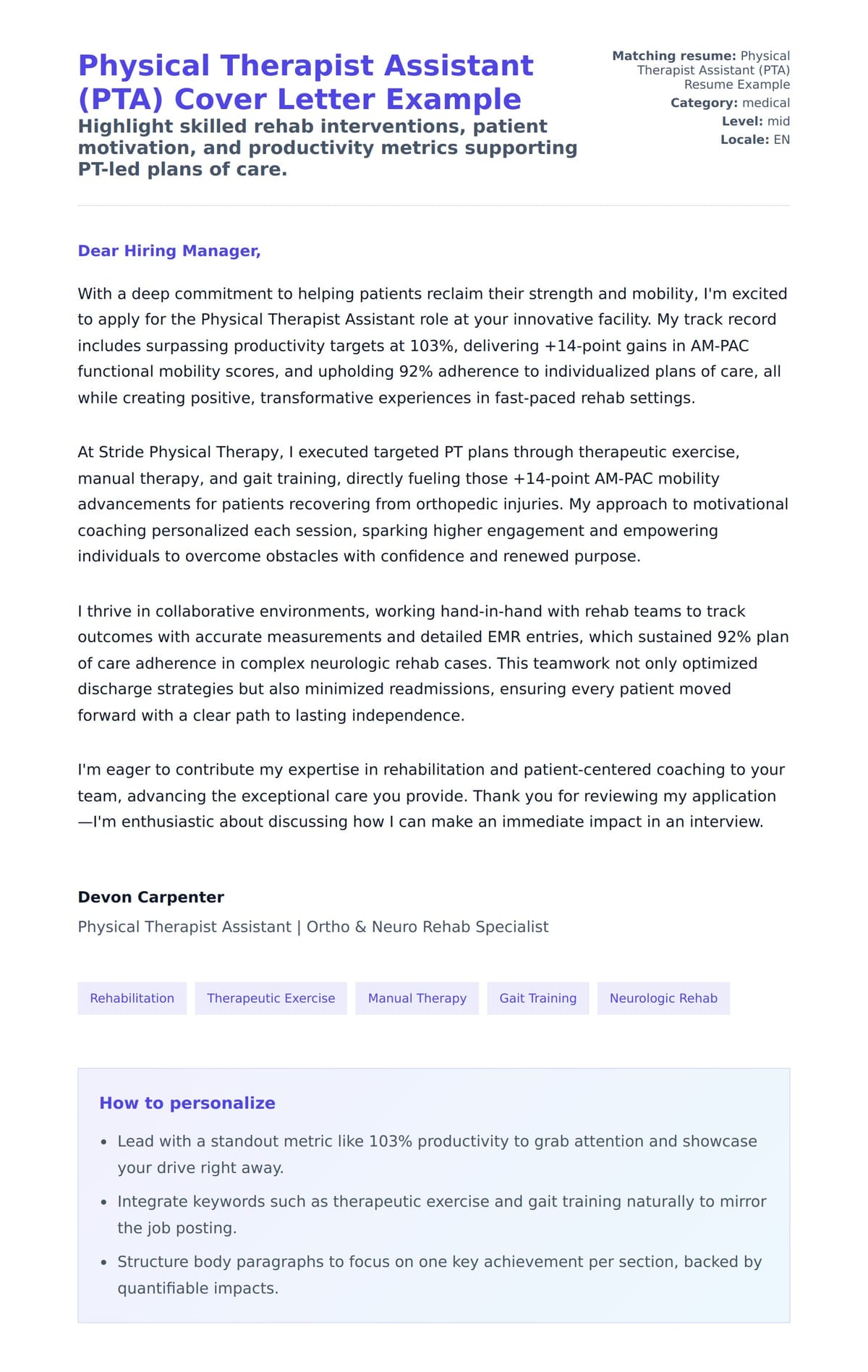 Cover Letter preview for Physical Therapist Assistant (PTA) Cover Letter Example