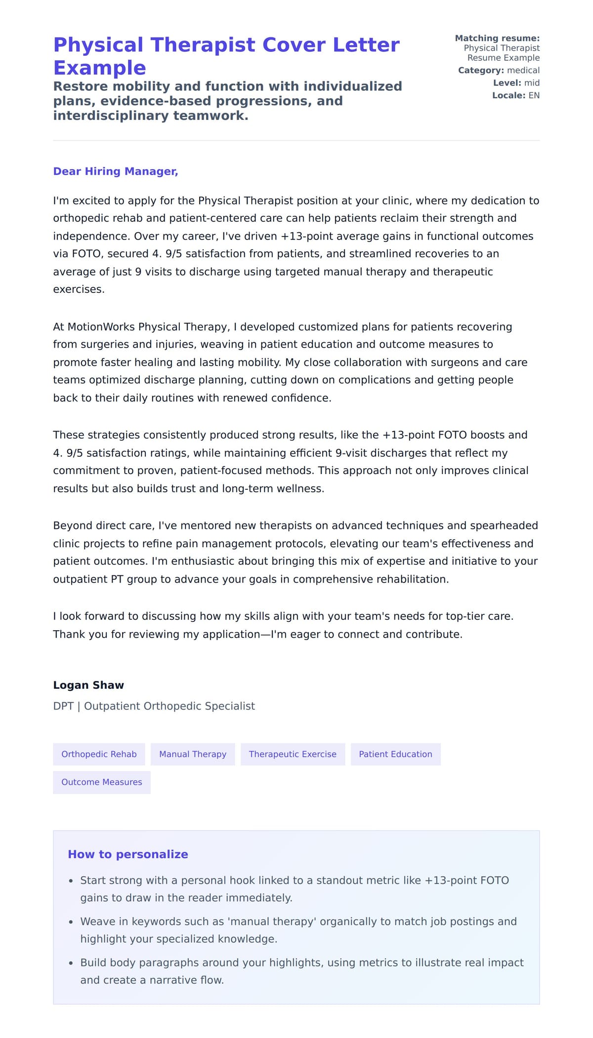 Cover Letter preview for Physical Therapist Cover Letter Example