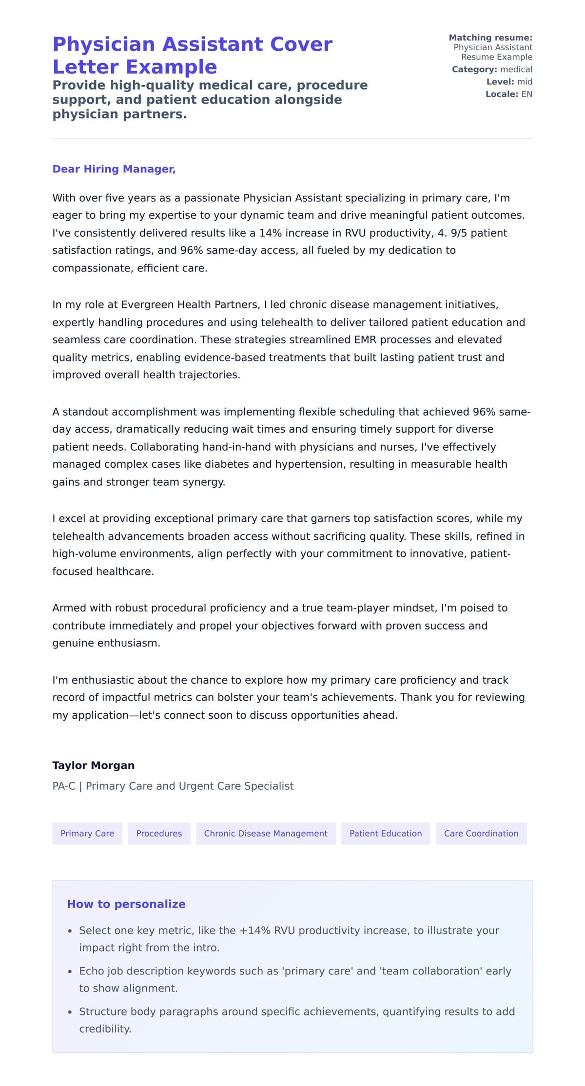 Cover Letter preview for Physician Assistant Cover Letter Example