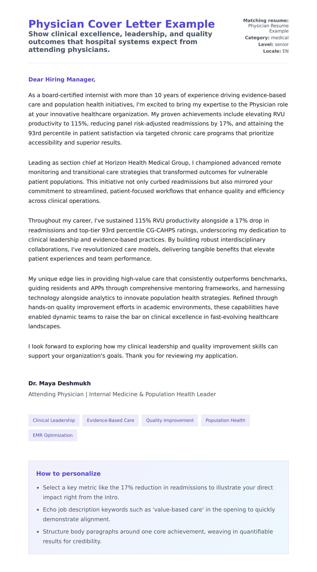 Cover Letter preview for Physician Cover Letter Example