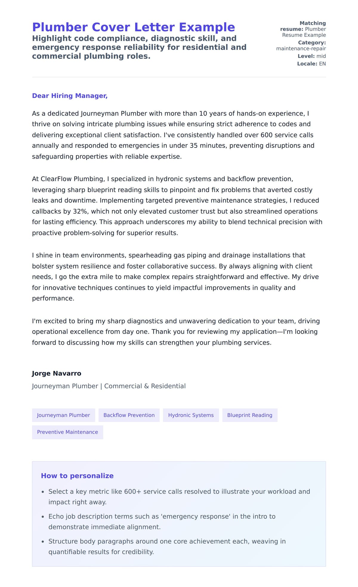 Cover Letter preview for Plumber Cover Letter Example