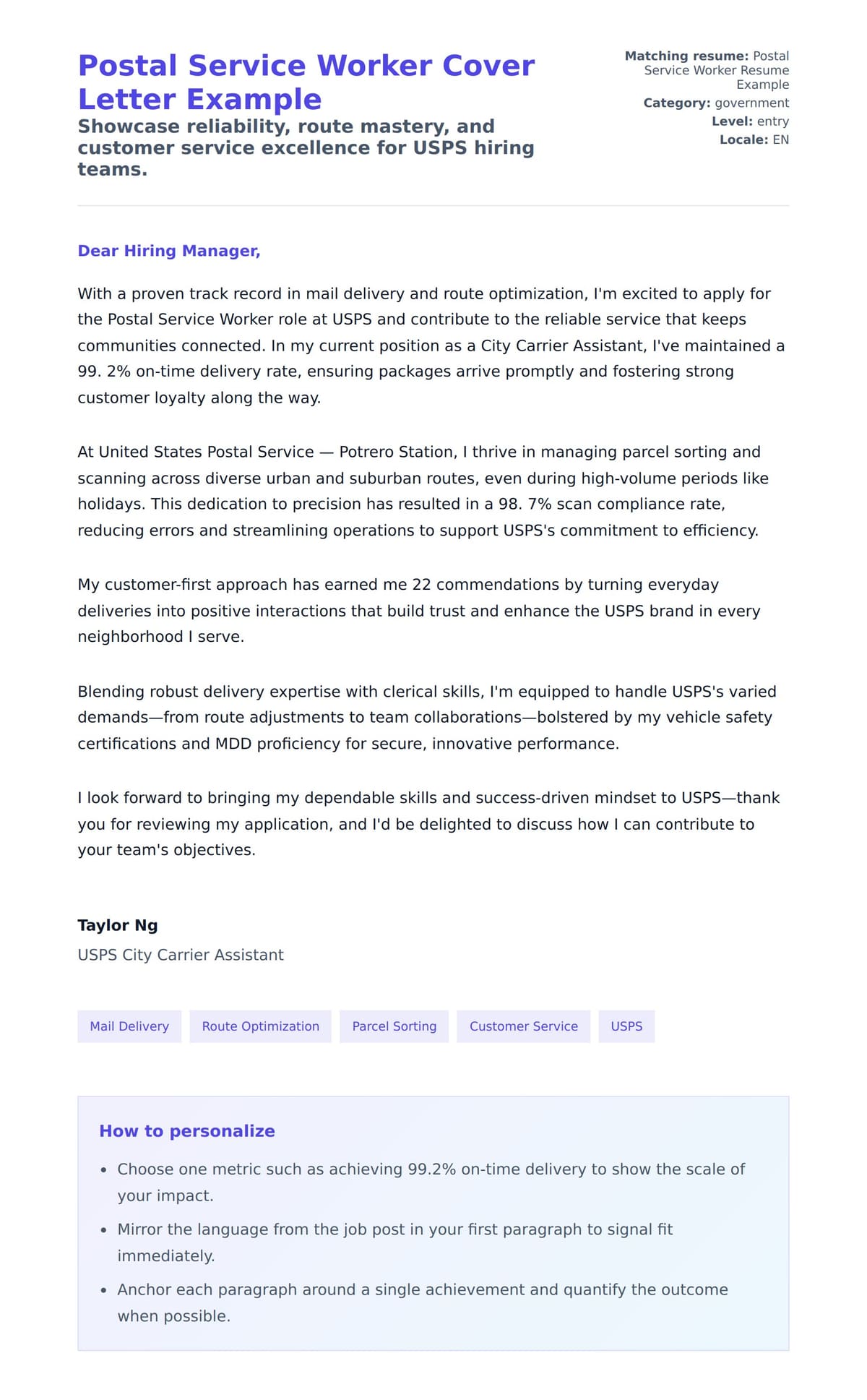 Cover Letter preview for Postal Service Worker Cover Letter Example