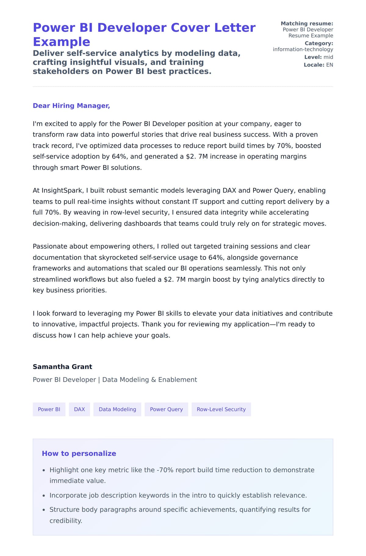 Cover Letter preview for Power BI Developer Cover Letter Example