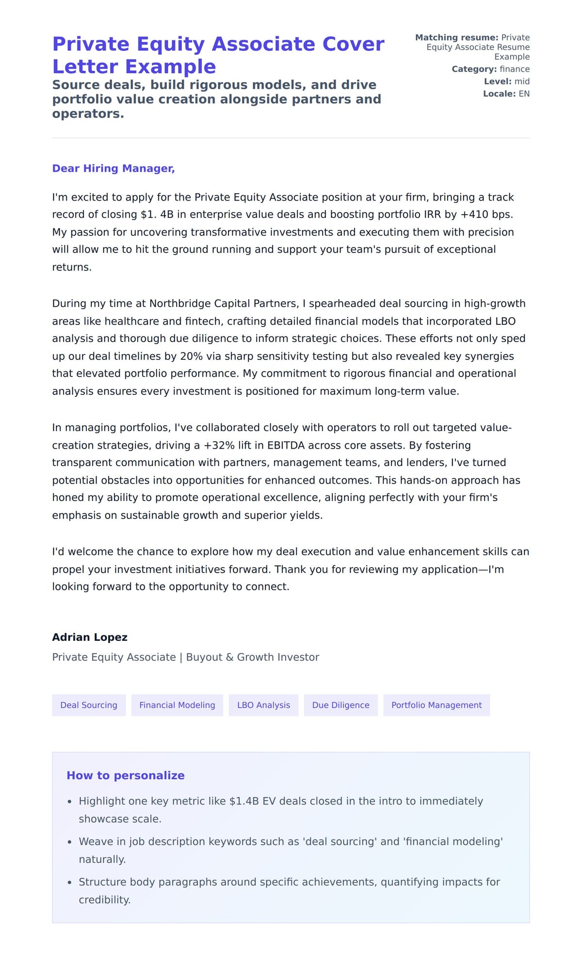 Cover Letter preview for Private Equity Associate Cover Letter Example