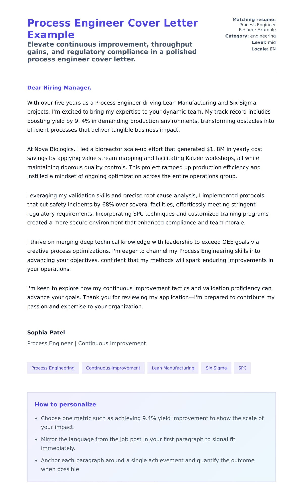 Cover Letter preview for Process Engineer Cover Letter Example