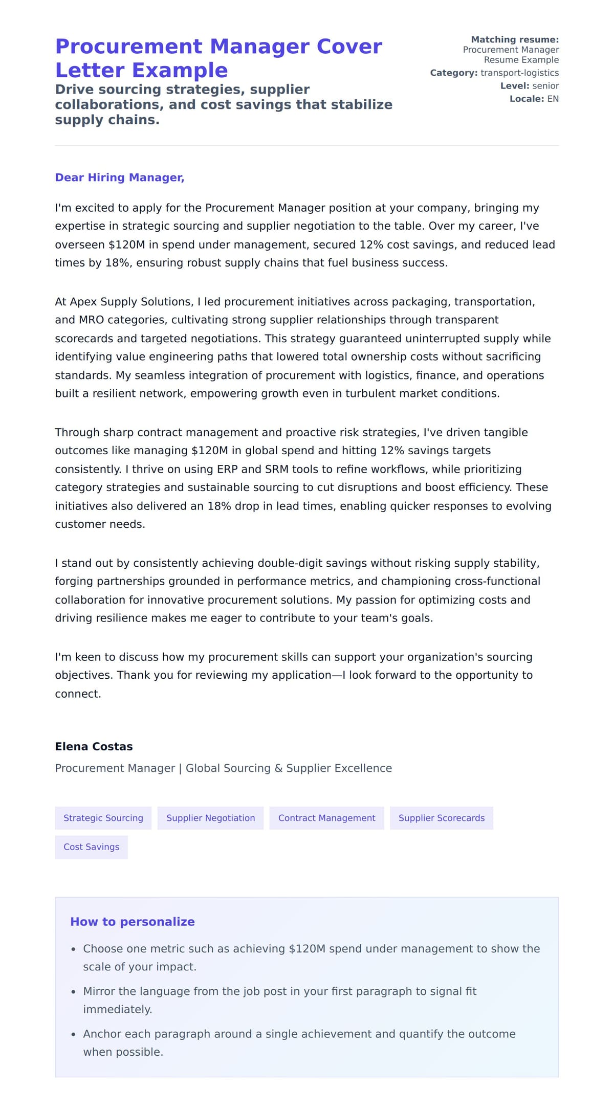 Cover Letter preview for Procurement Manager Cover Letter Example