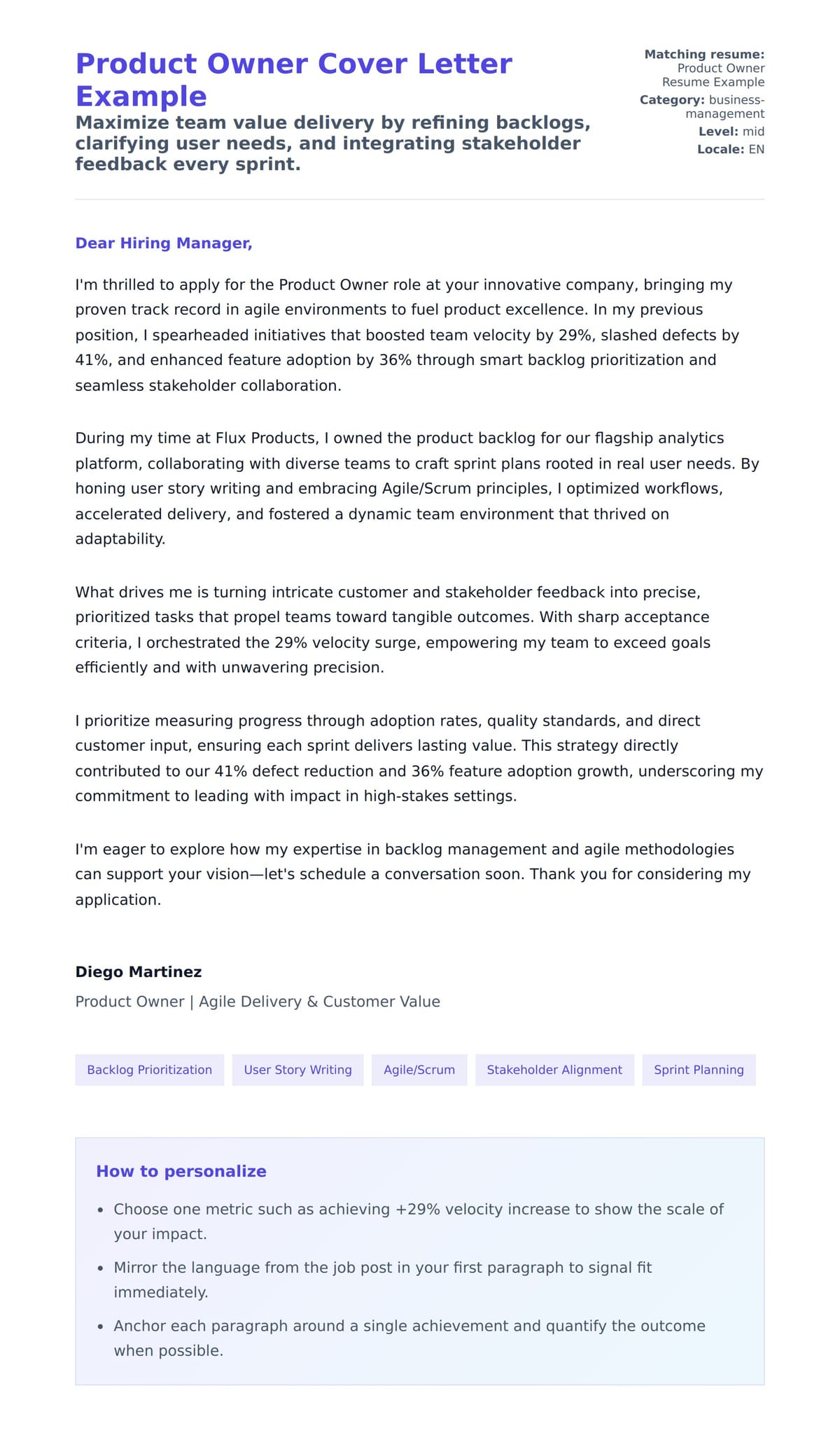 Cover Letter preview for Product Owner Cover Letter Example