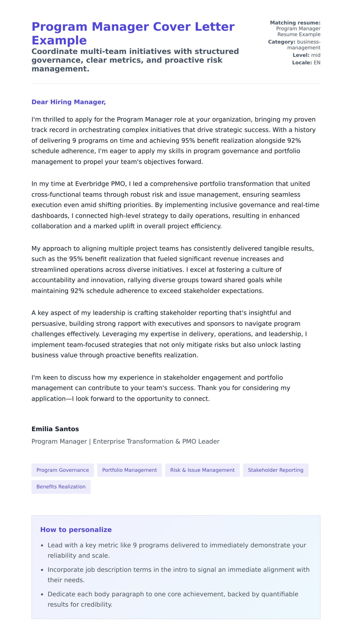 Cover Letter preview for Program Manager Cover Letter Example