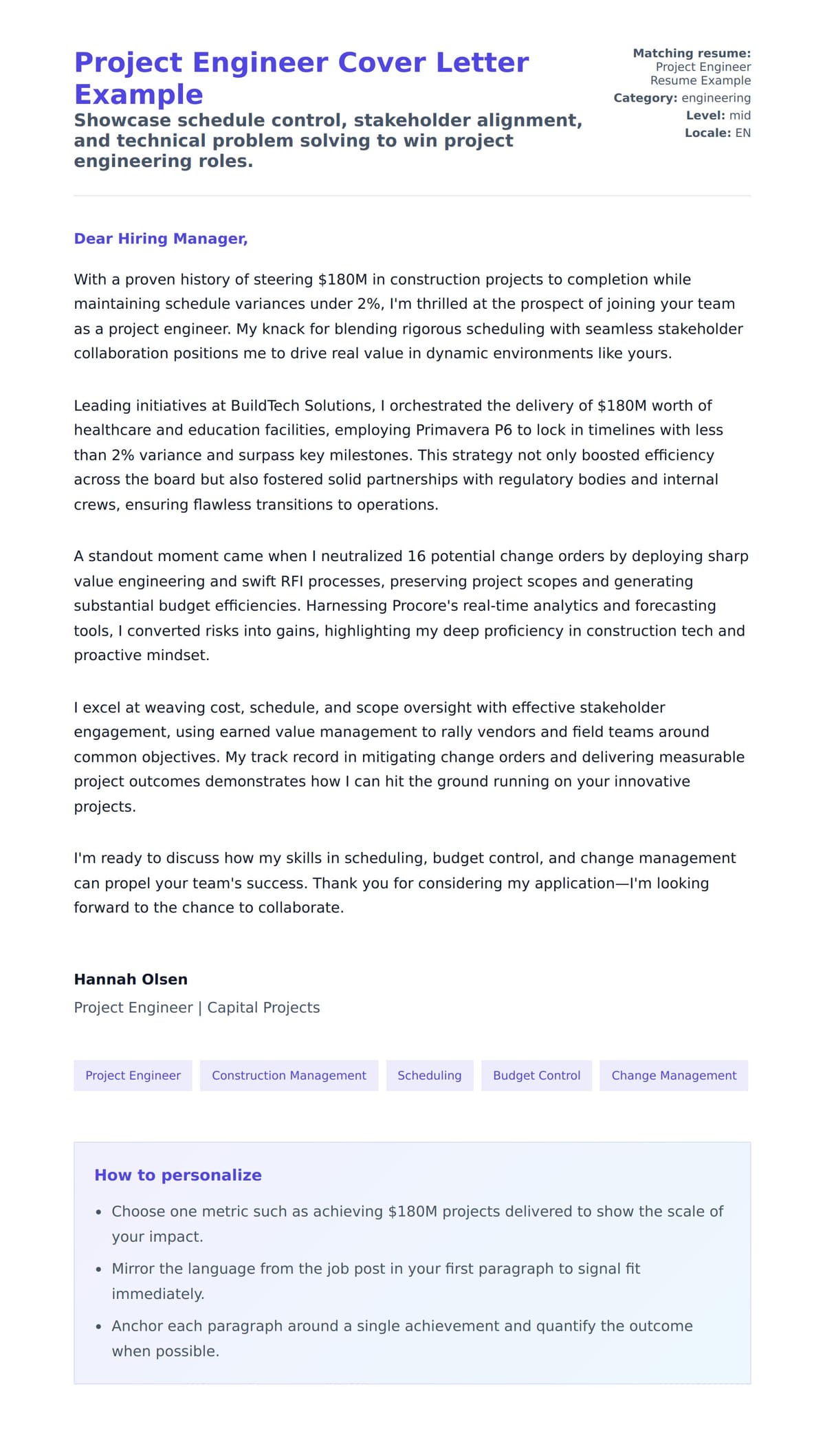 Cover Letter preview for Project Engineer Cover Letter Example