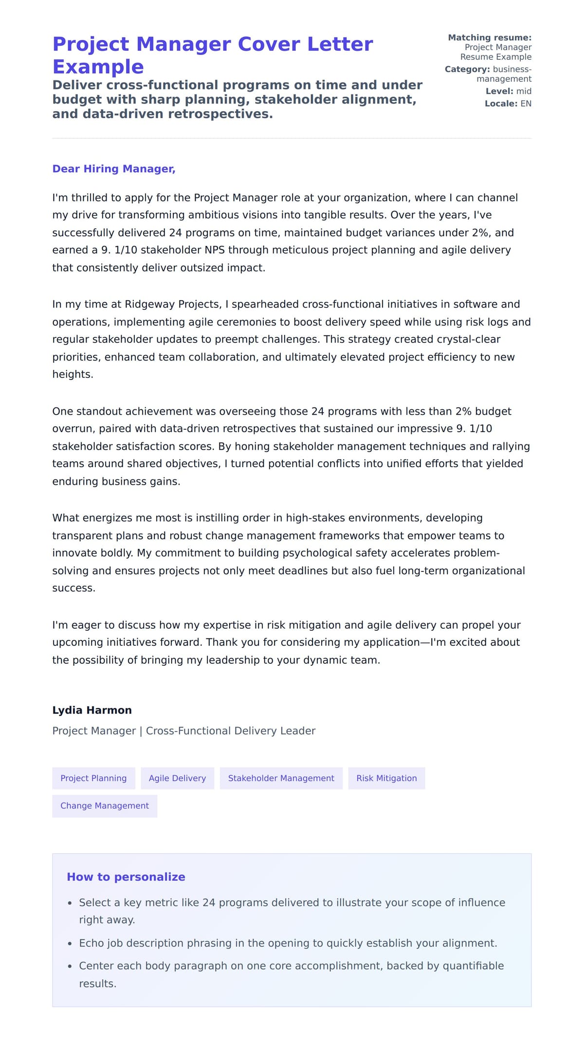 Cover Letter preview for Project Manager Cover Letter Example