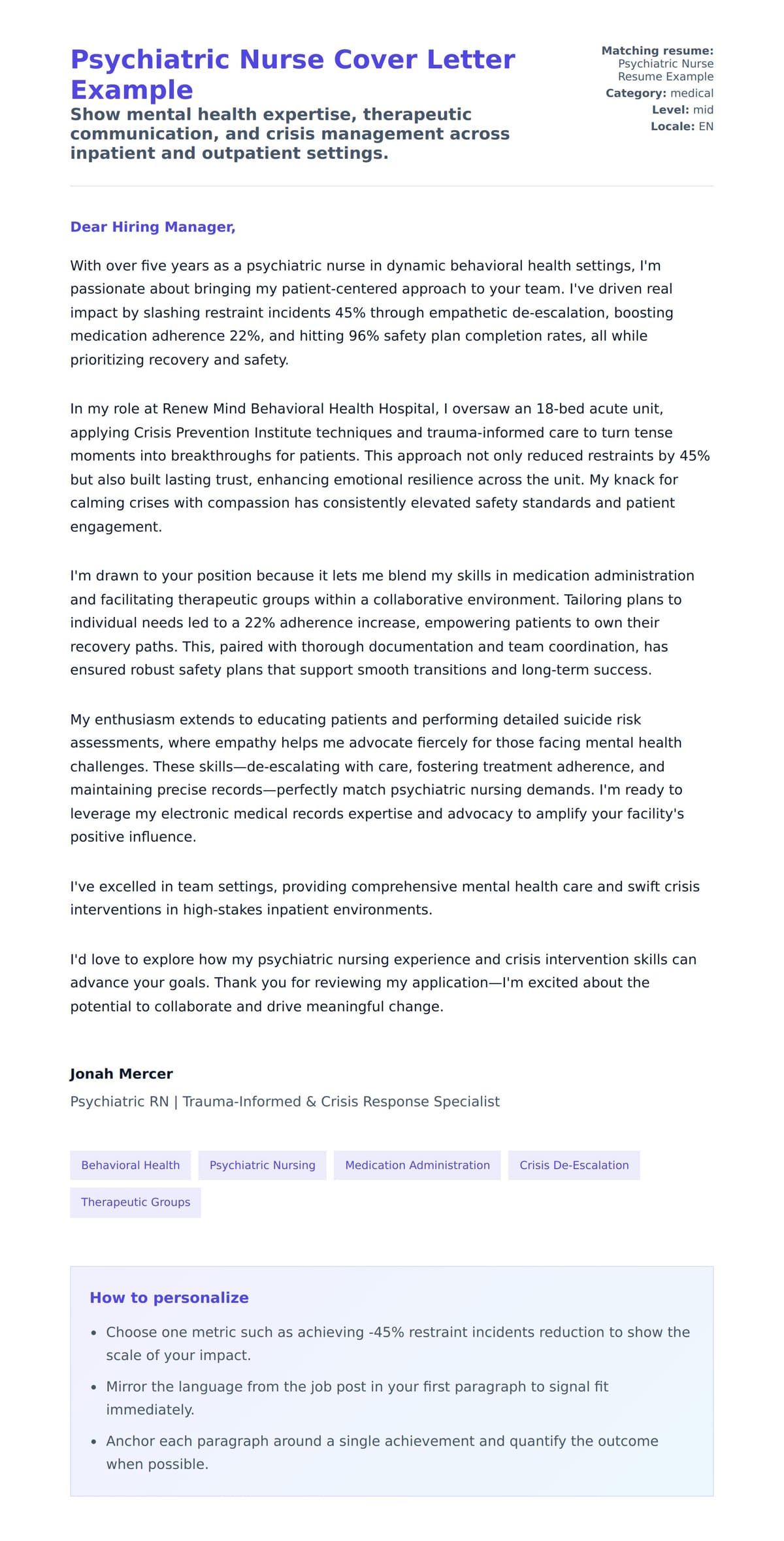 Cover Letter preview for Psychiatric Nurse Cover Letter Example