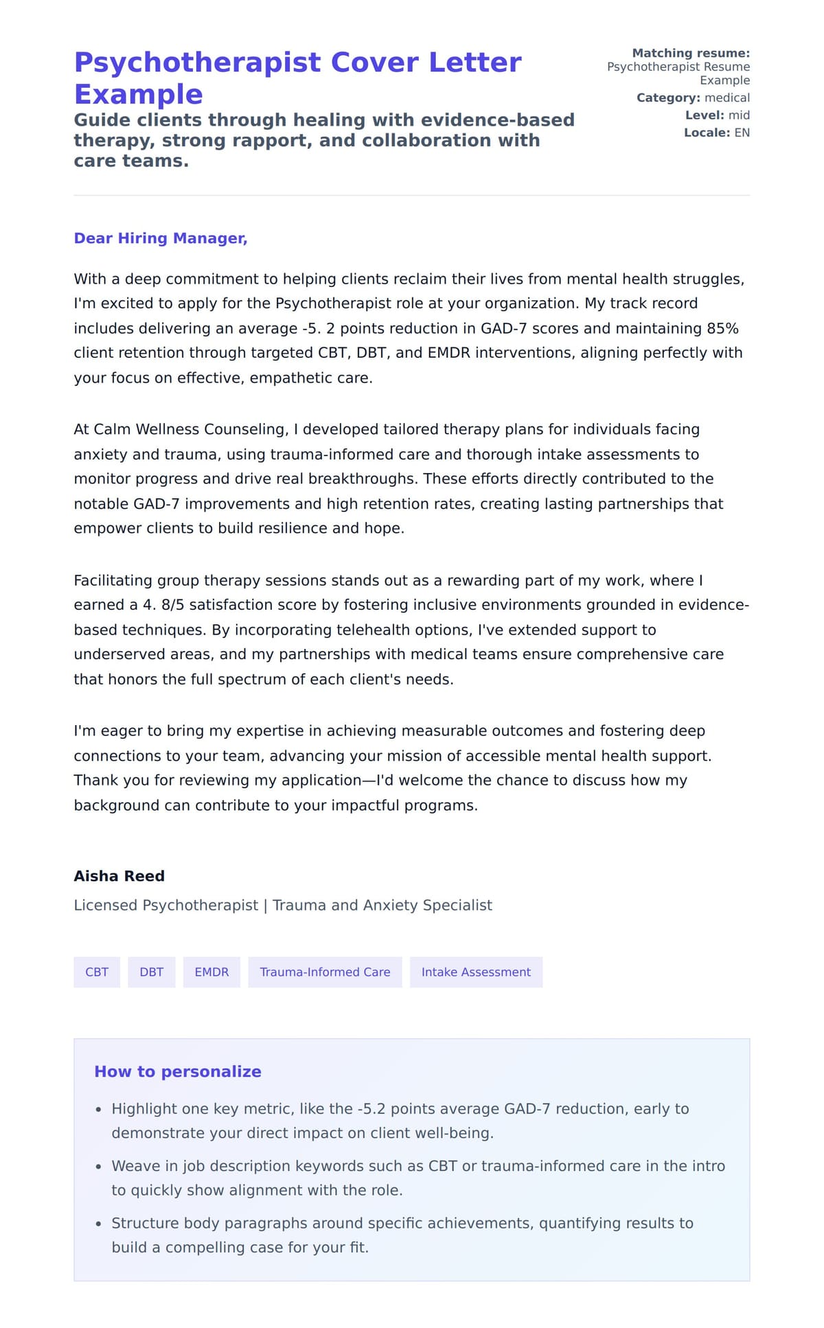 Cover Letter preview for Psychotherapist Cover Letter Example