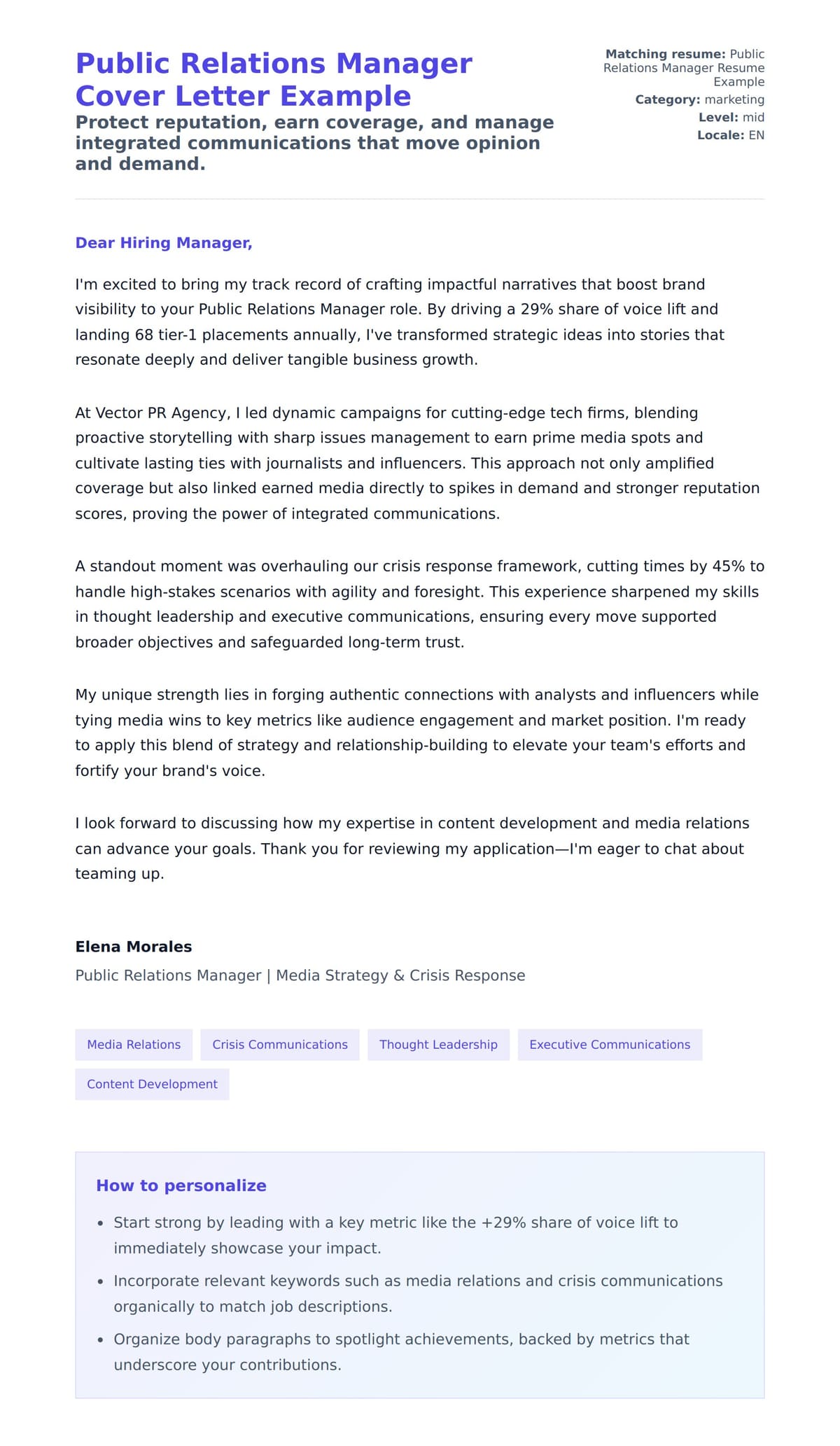 Cover Letter preview for Public Relations Manager Cover Letter Example