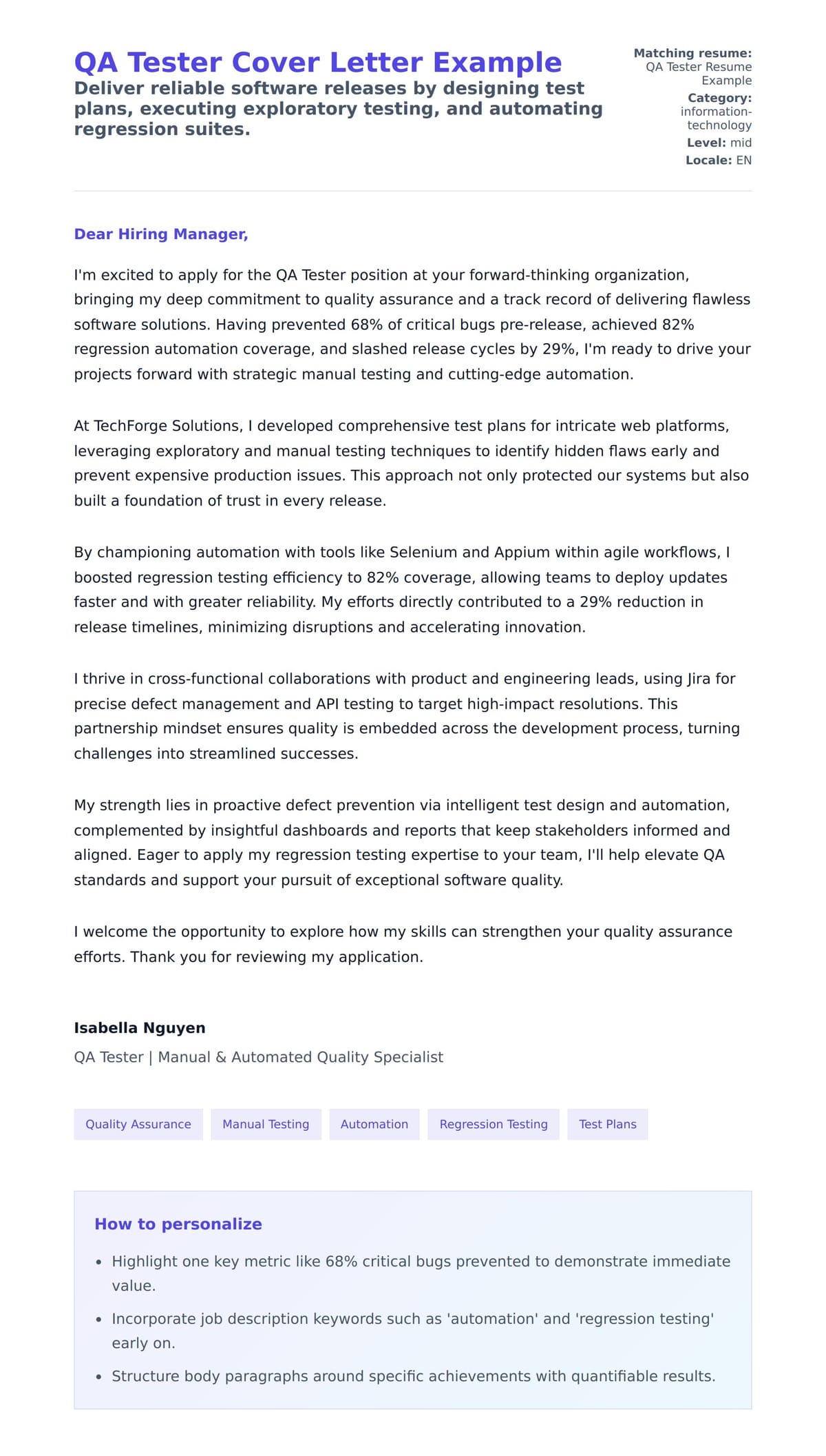 Cover Letter preview for QA Tester Cover Letter Example
