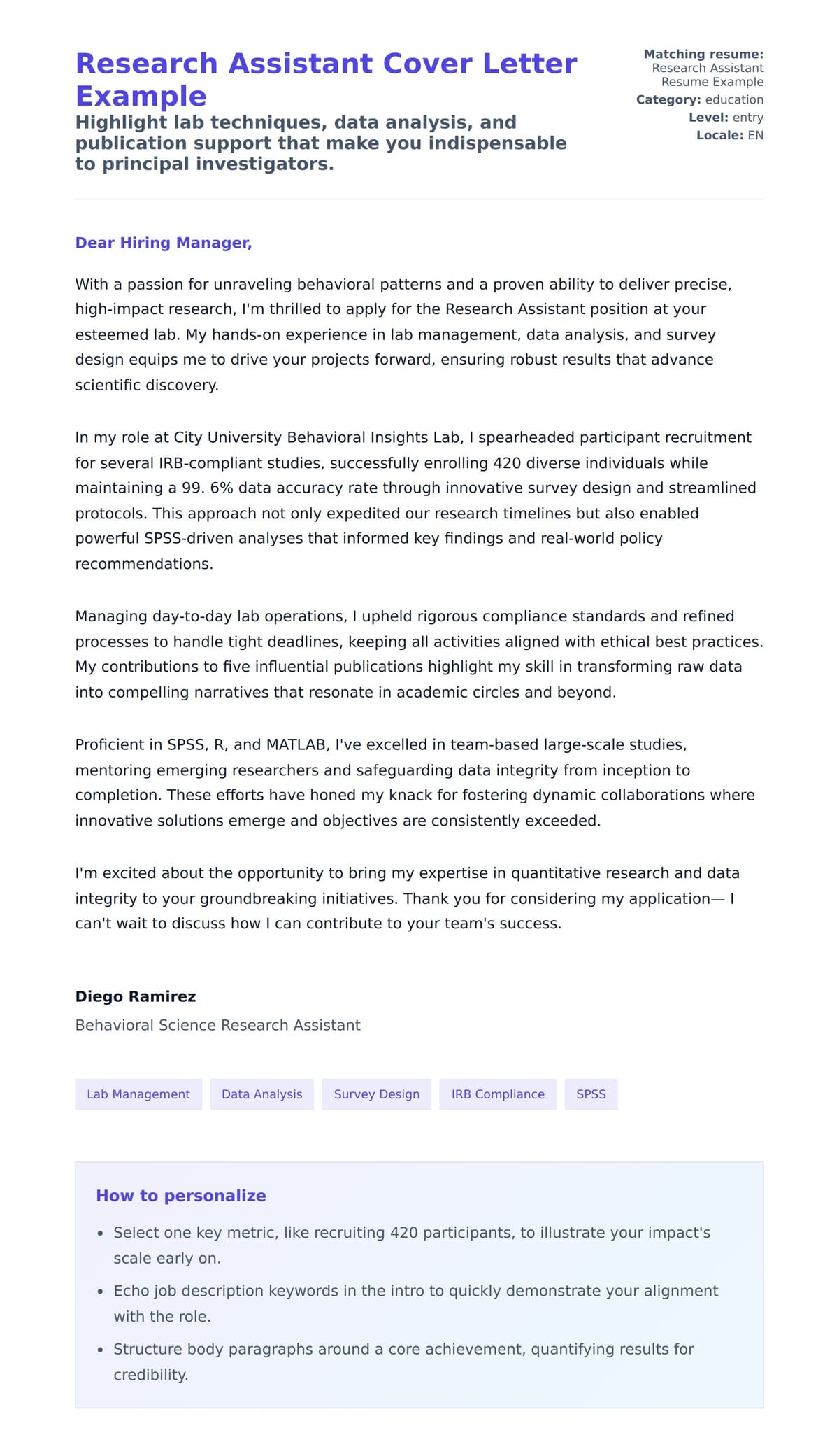 Cover Letter preview for Research Assistant Cover Letter Example