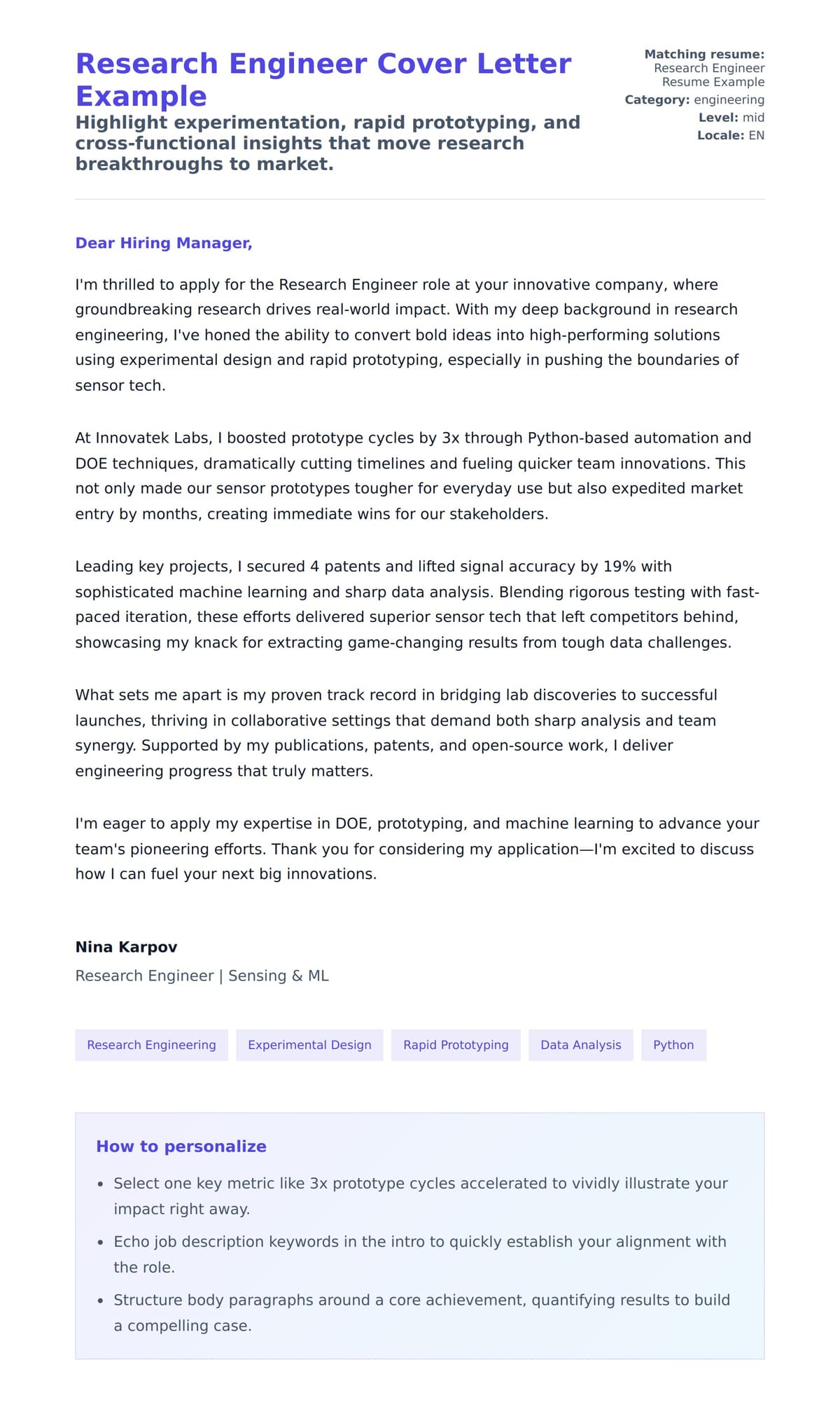 Cover Letter preview for Research Engineer Cover Letter Example