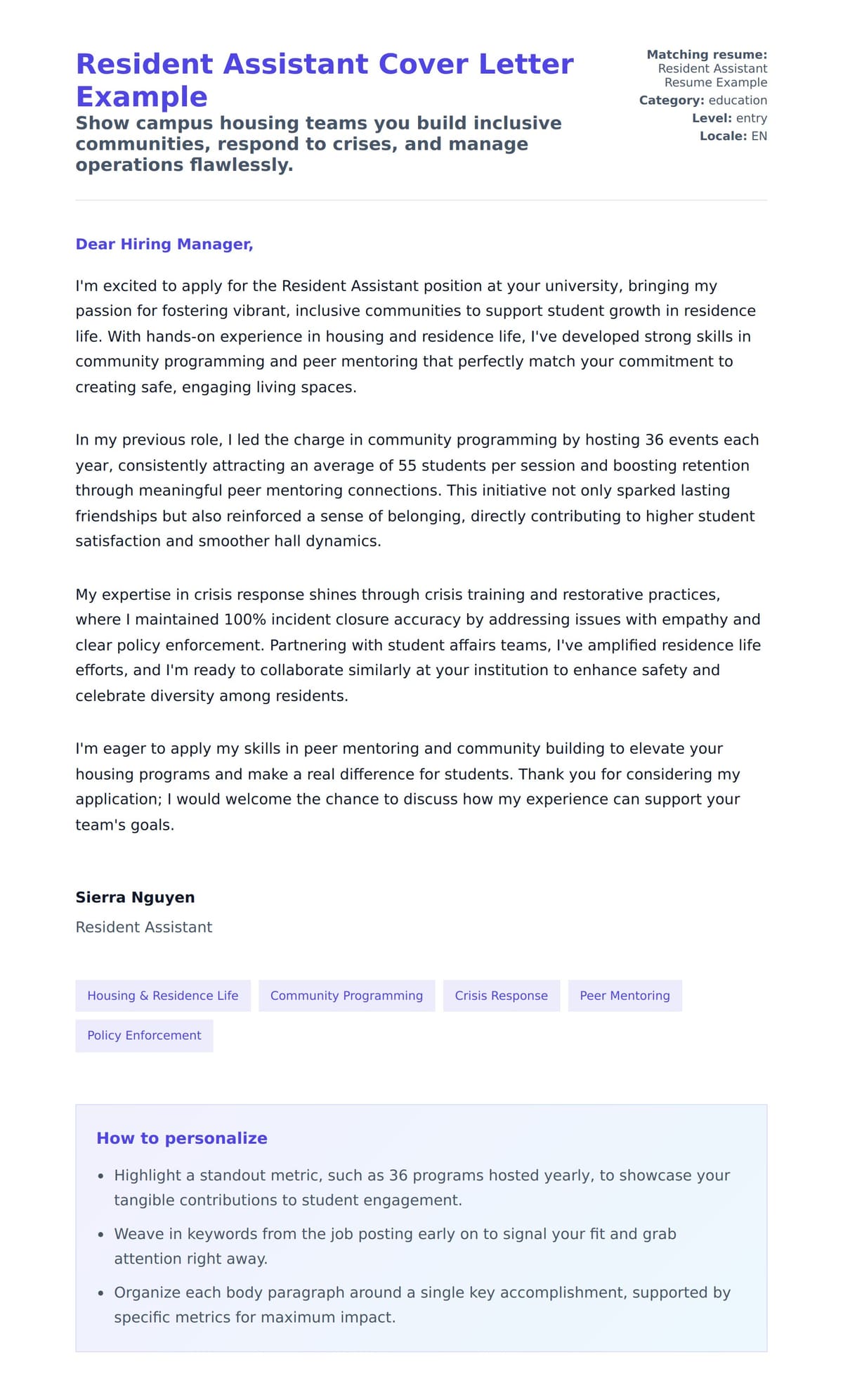 Cover Letter preview for Resident Assistant Cover Letter Example