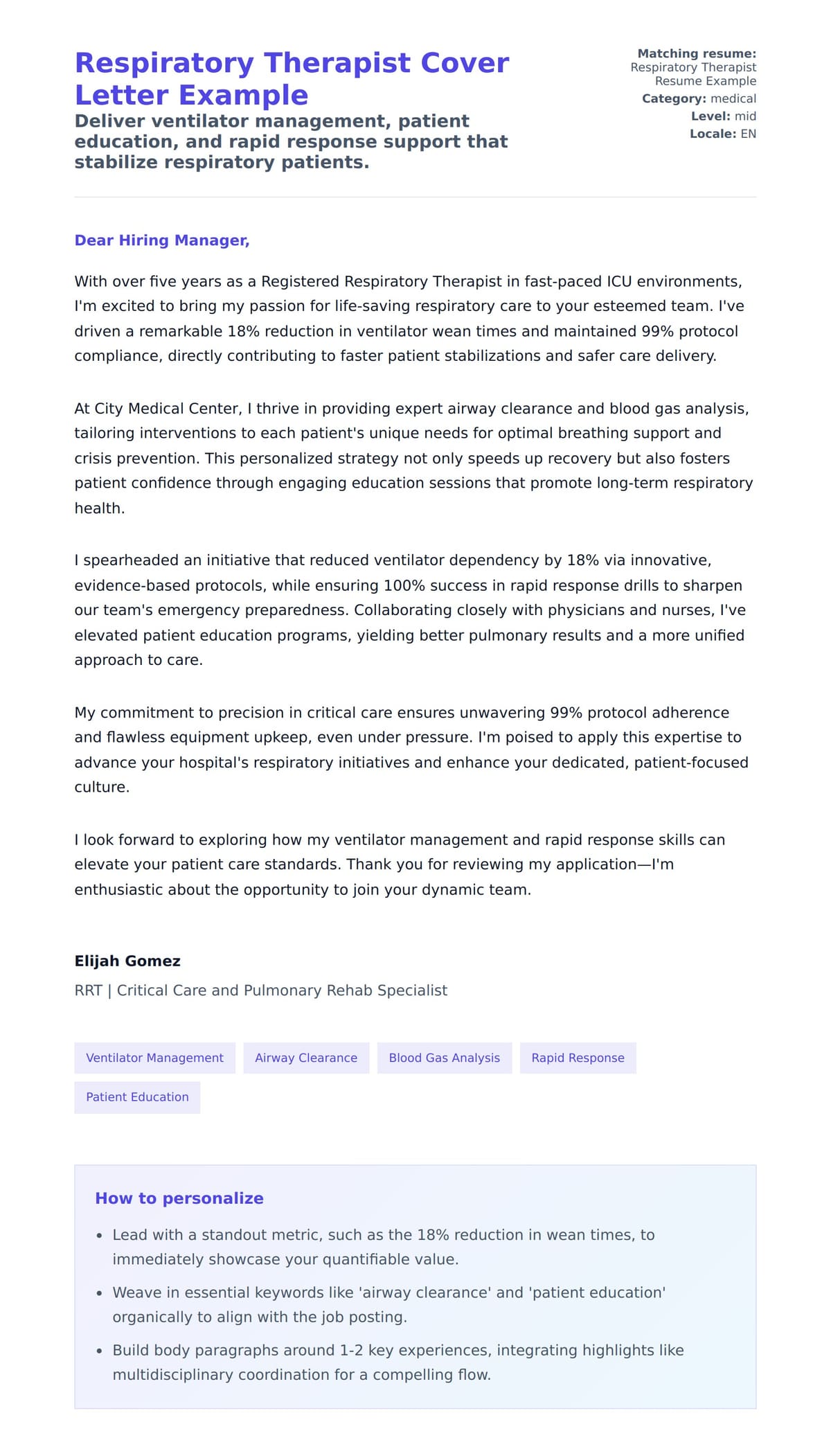 Cover Letter preview for Respiratory Therapist Cover Letter Example