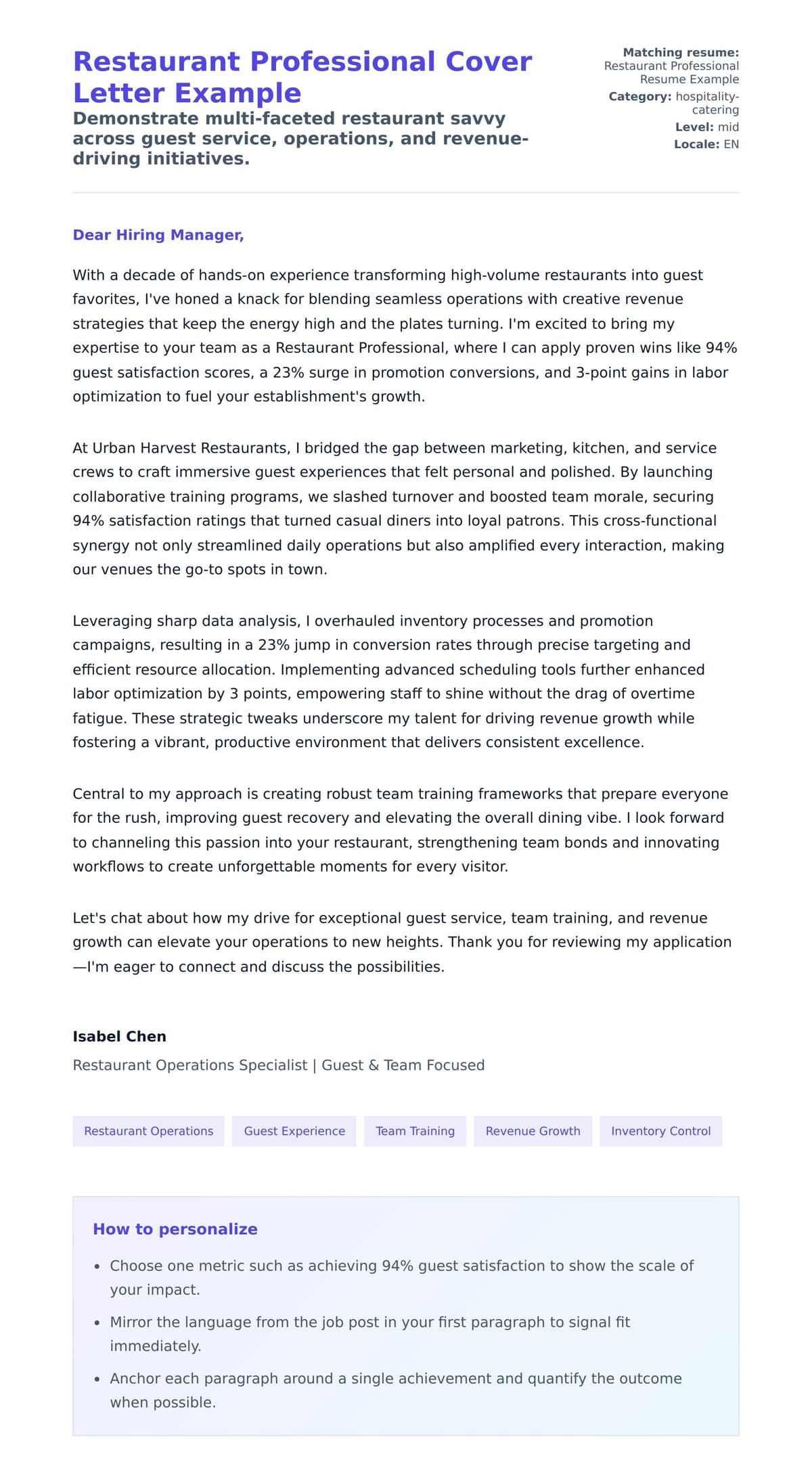 Cover Letter preview for Restaurant Professional Cover Letter Example