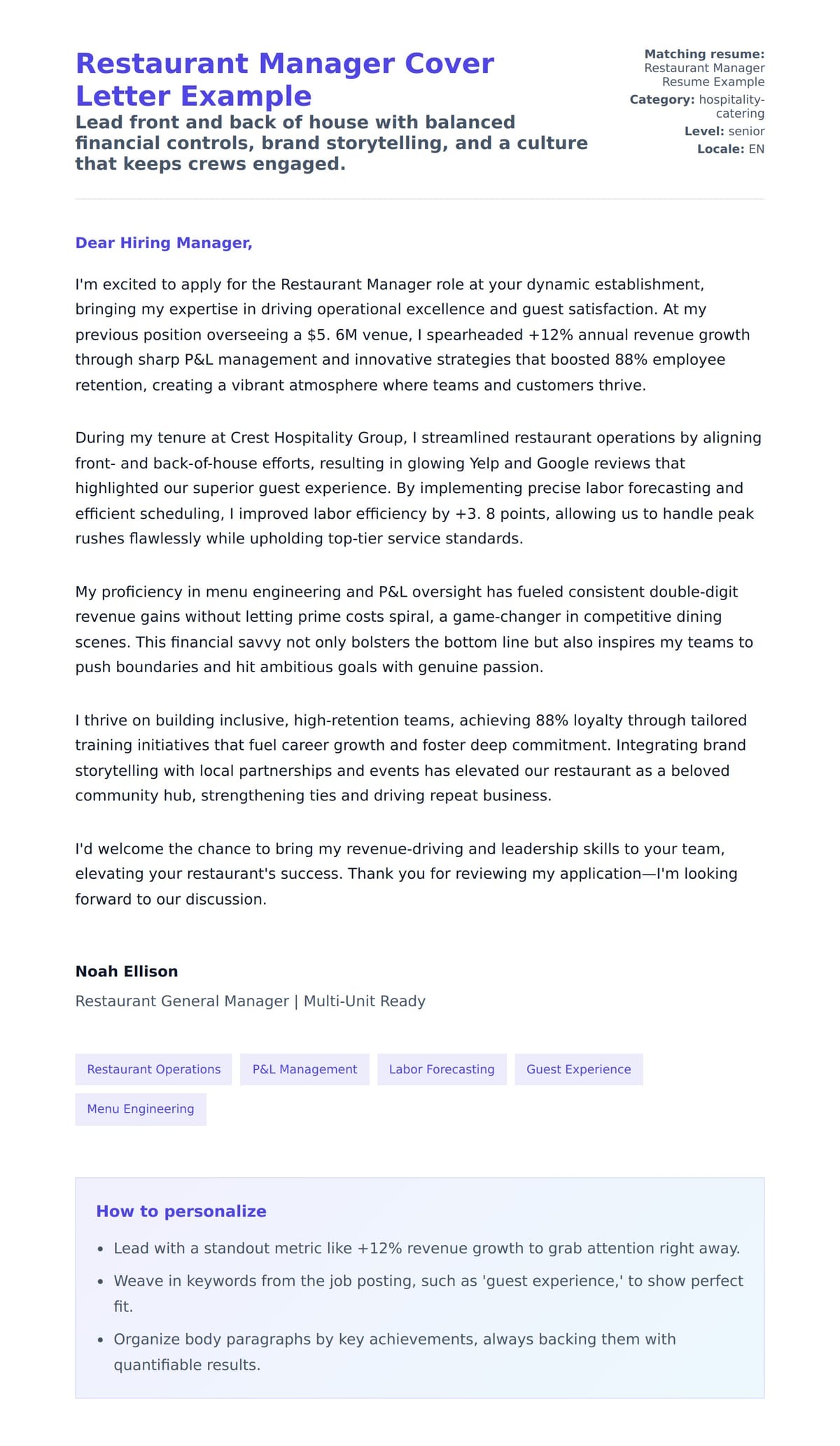 Cover Letter preview for Restaurant Manager Cover Letter Example