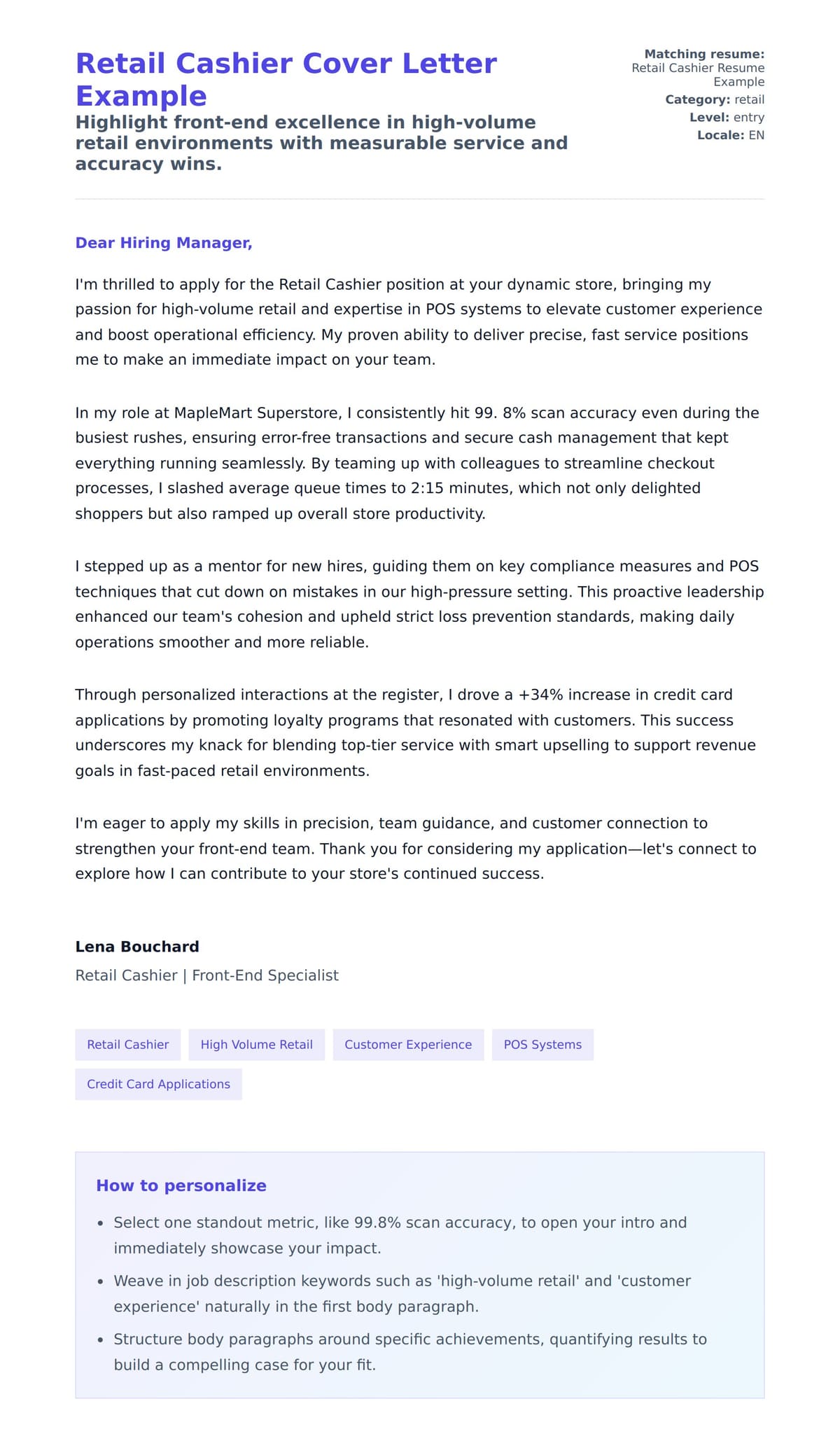 Cover Letter preview for Retail Cashier Cover Letter Example