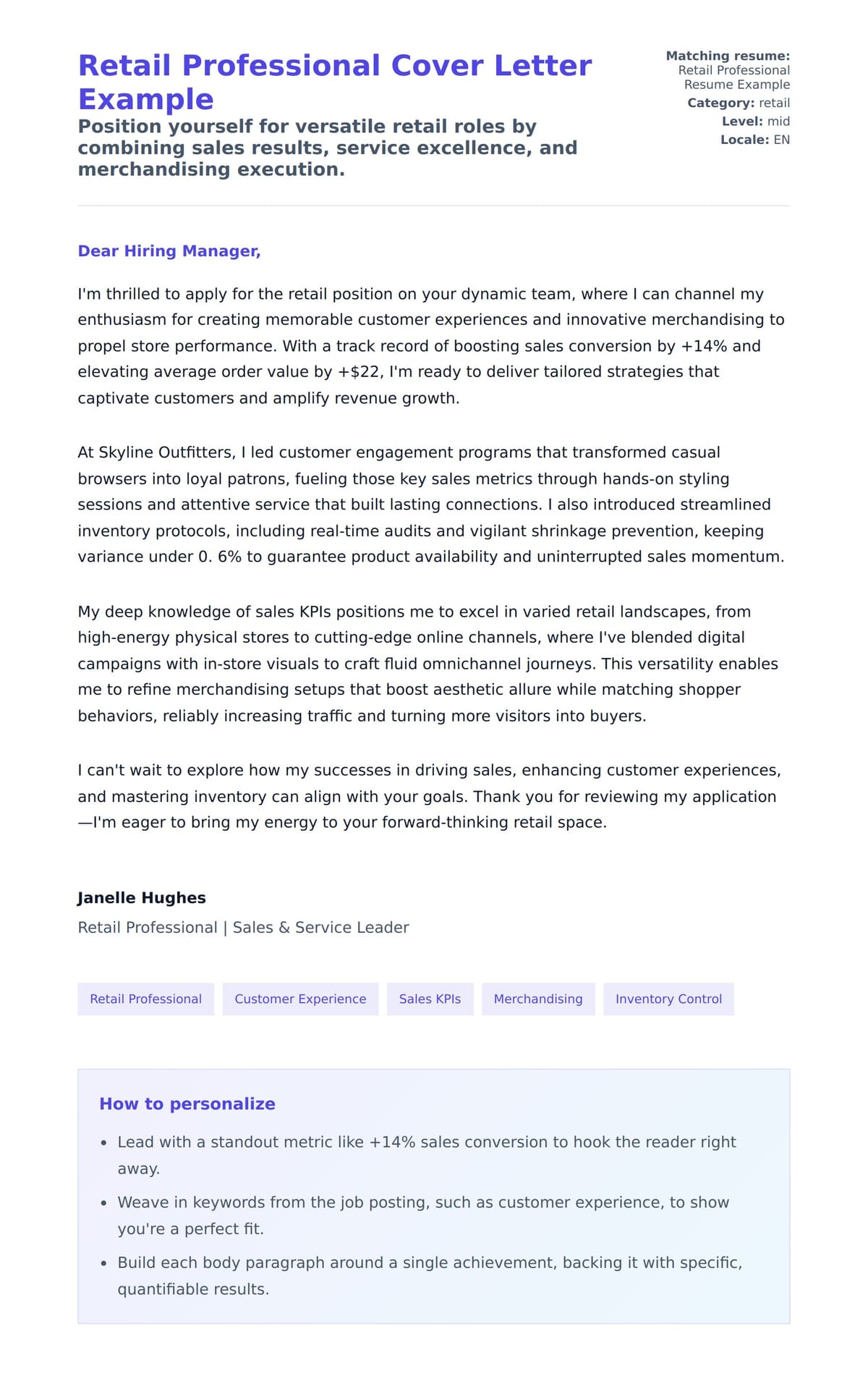 Cover Letter preview for Retail Professional Cover Letter Example