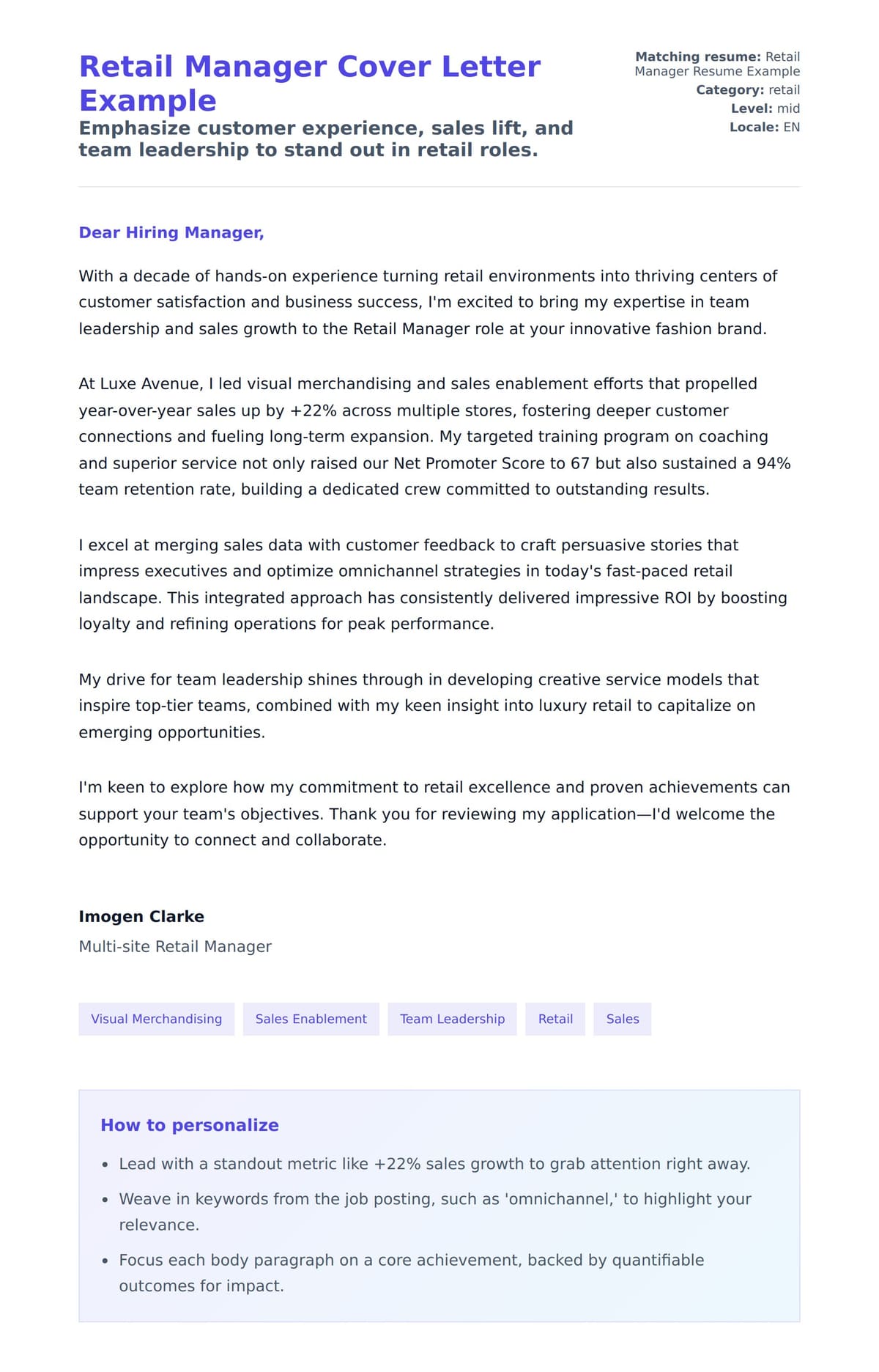 Cover Letter preview for Retail Manager Cover Letter Example
