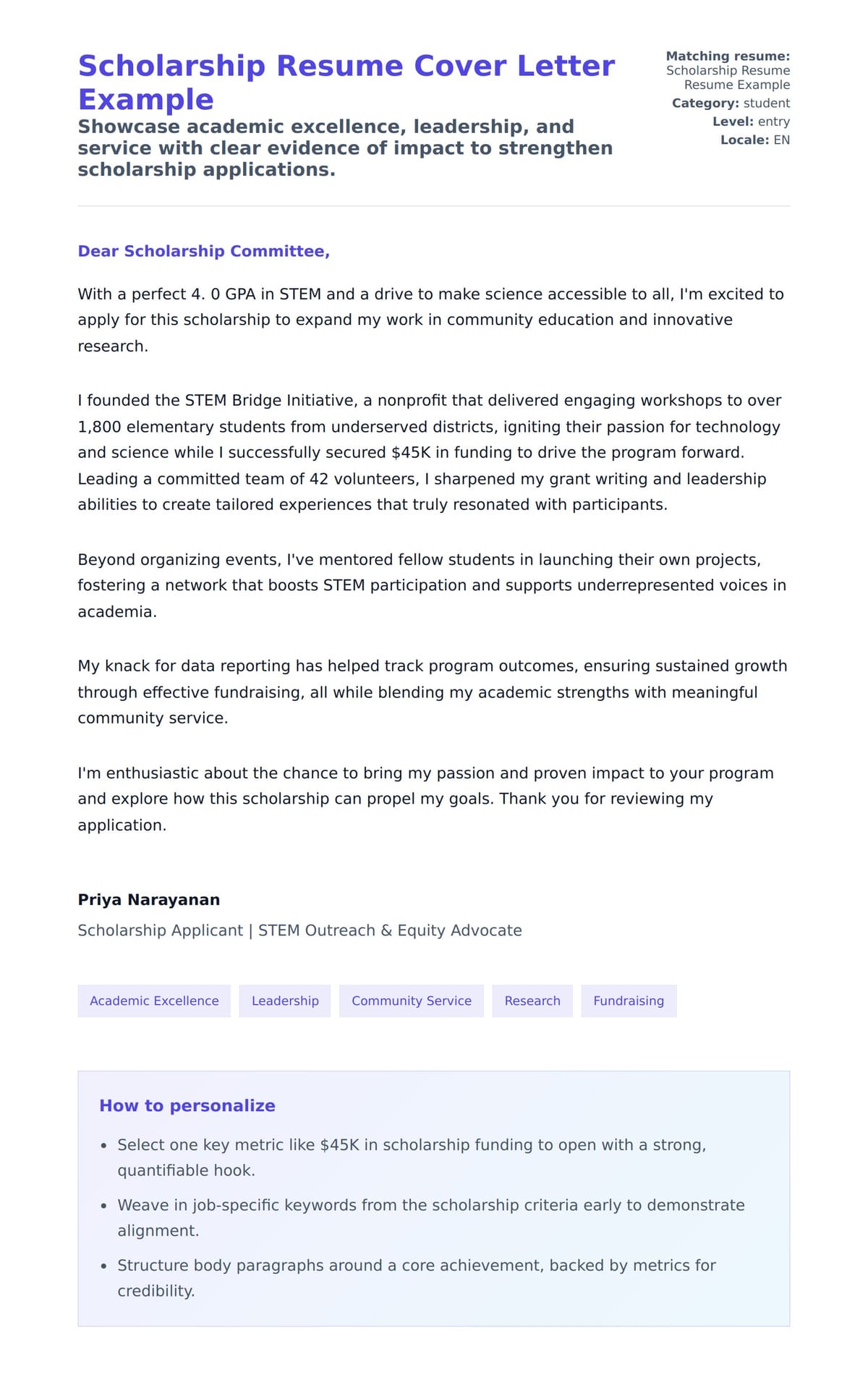 Cover Letter preview for Scholarship Resume Cover Letter Example