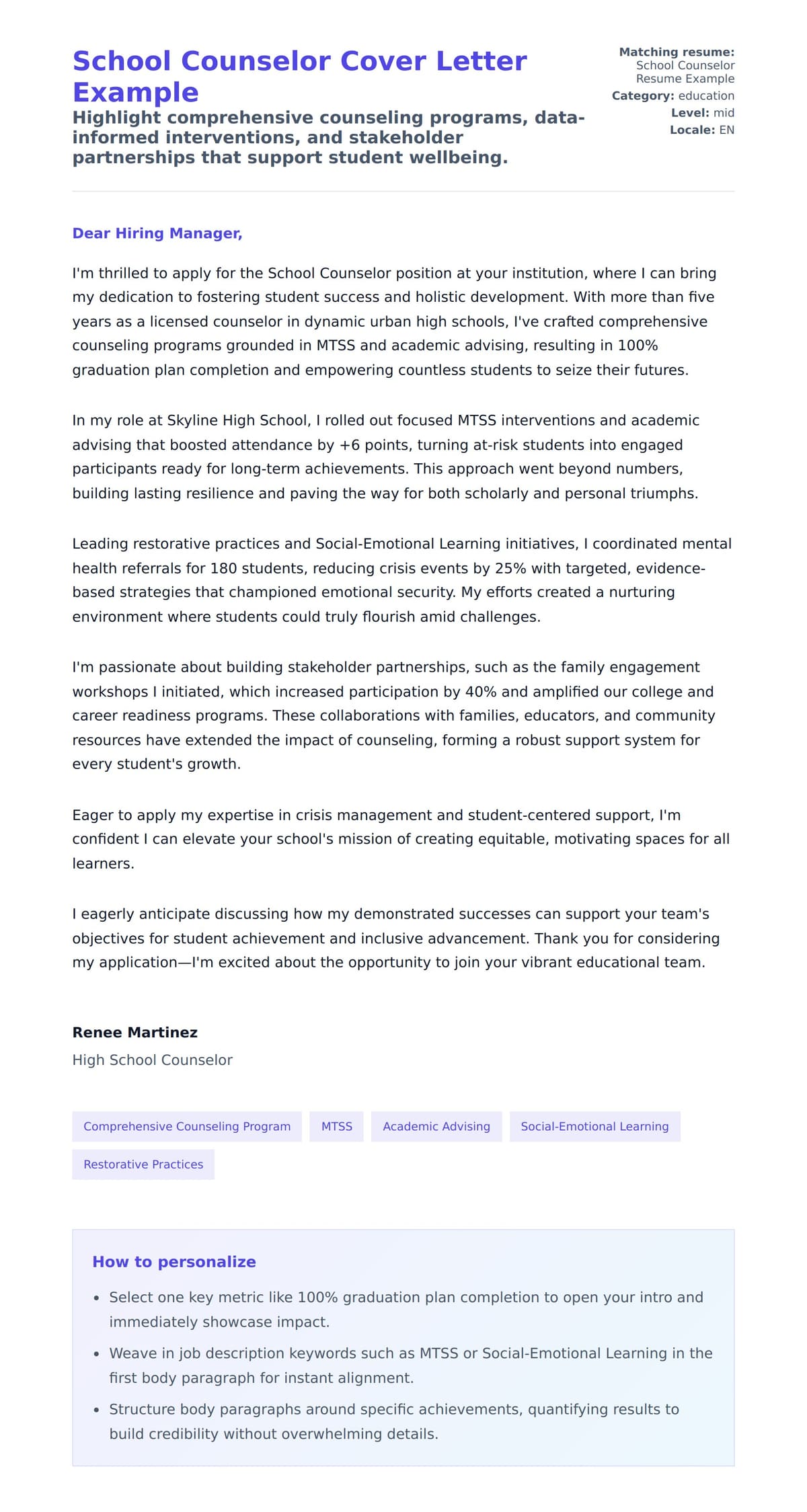 Cover Letter preview for School Counselor Cover Letter Example