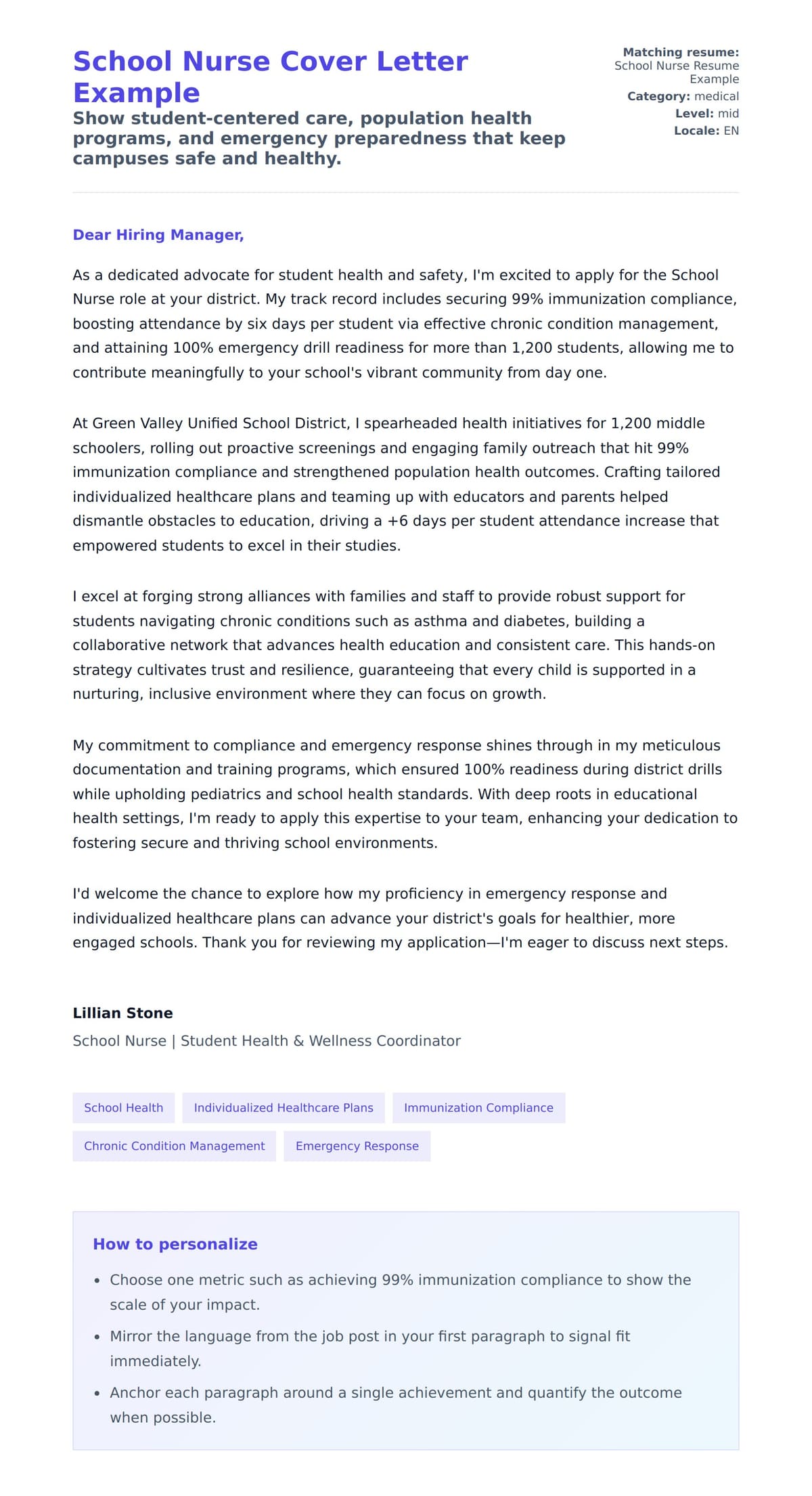 Cover Letter preview for School Nurse Cover Letter Example