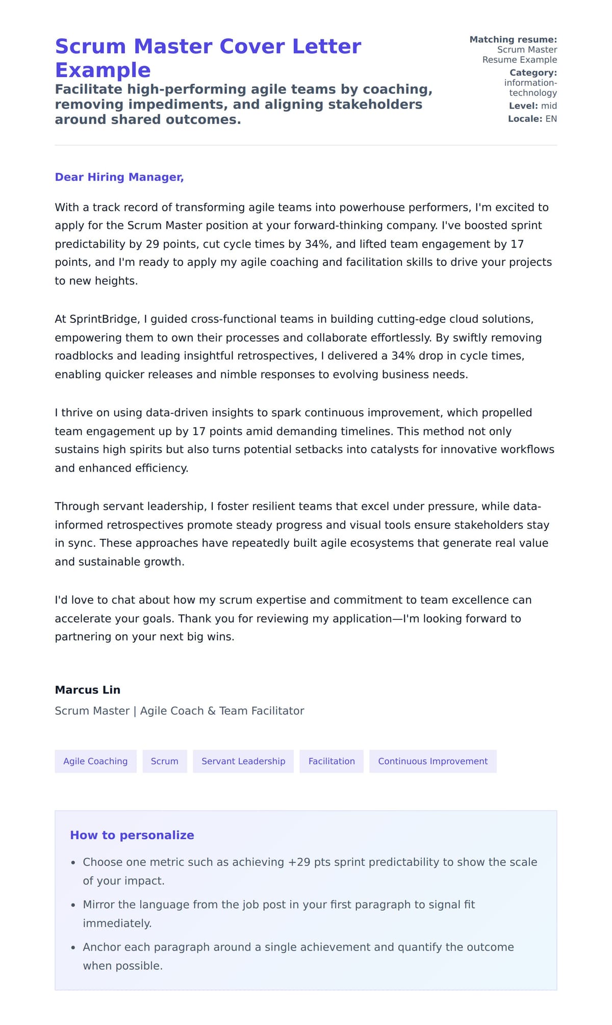 Cover Letter preview for Scrum Master Cover Letter Example