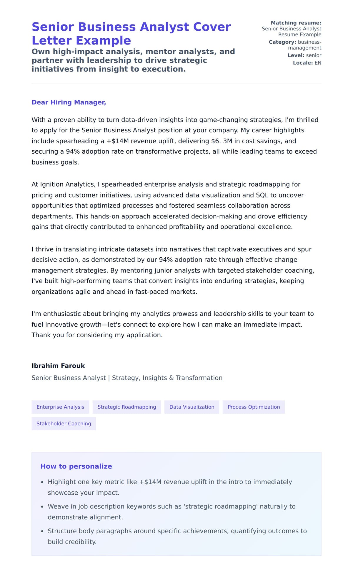 Cover Letter preview for Senior Business Analyst Cover Letter Example
