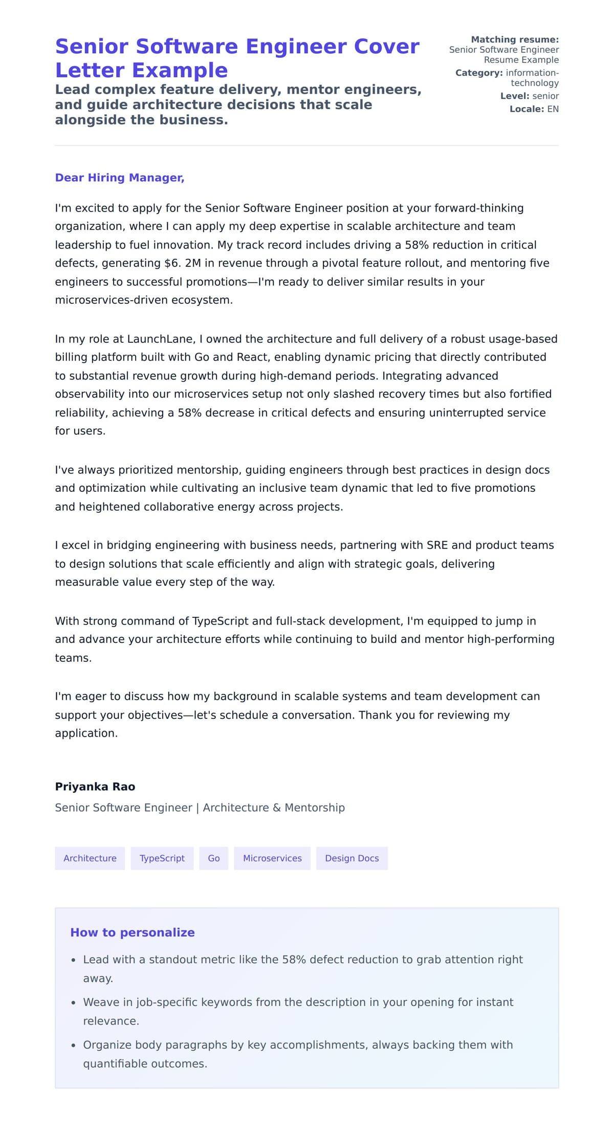 Cover Letter preview for Senior Software Engineer Cover Letter Example