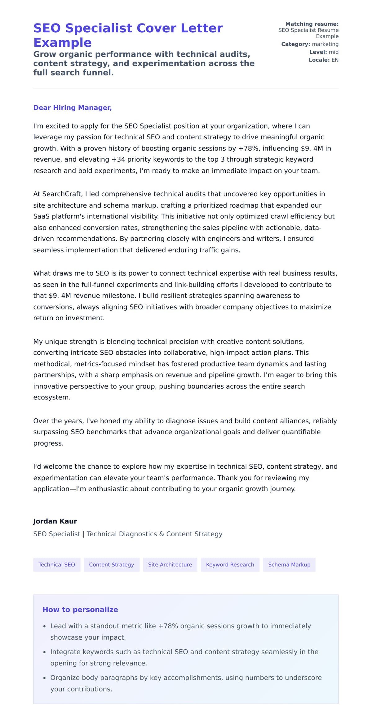 Cover Letter preview for SEO Specialist Cover Letter Example