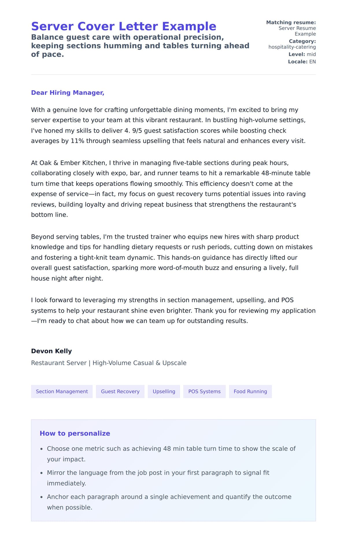 Cover Letter preview for Server Cover Letter Example