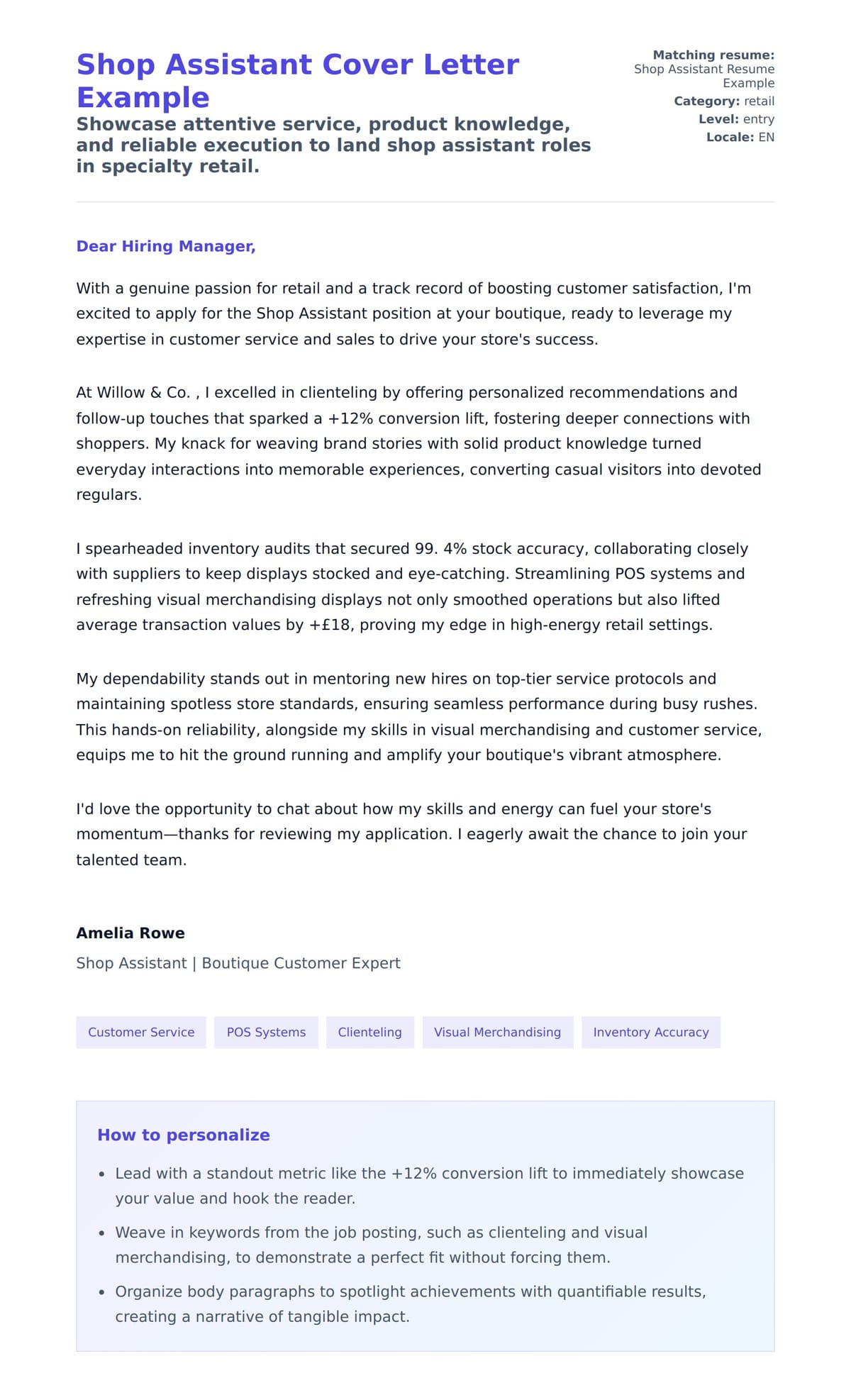 Cover Letter preview for Shop Assistant Cover Letter Example