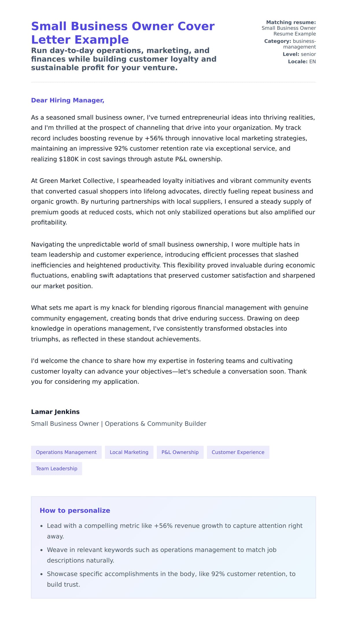 Cover Letter preview for Small Business Owner Cover Letter Example